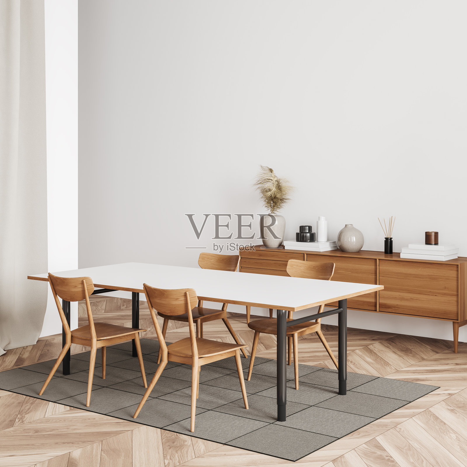 木制客厅内部有桌子和座椅，抽屉和模型照片摄影图片