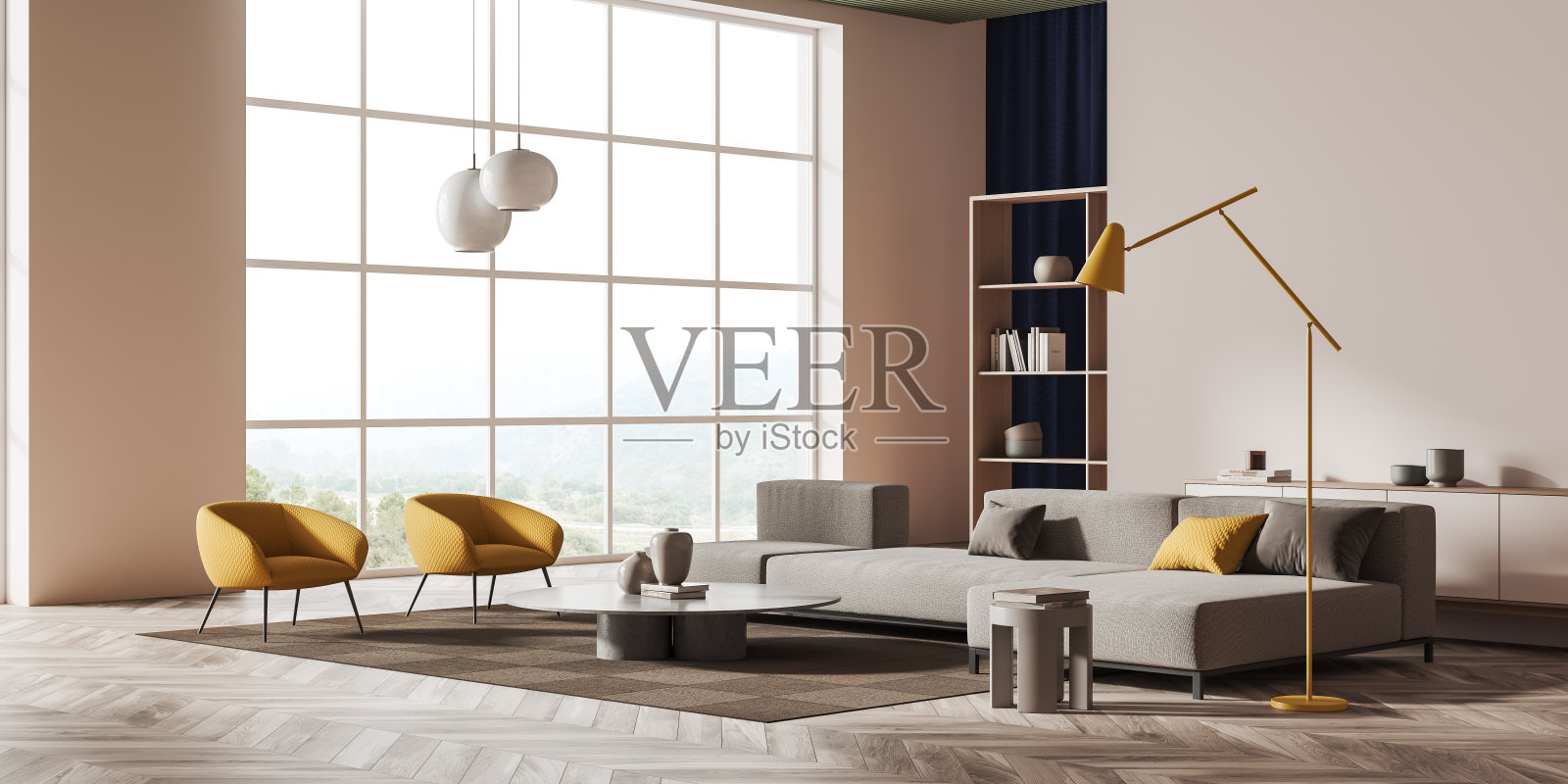 休息区内部有沙发和椅子，梳妆台和全景窗照片摄影图片