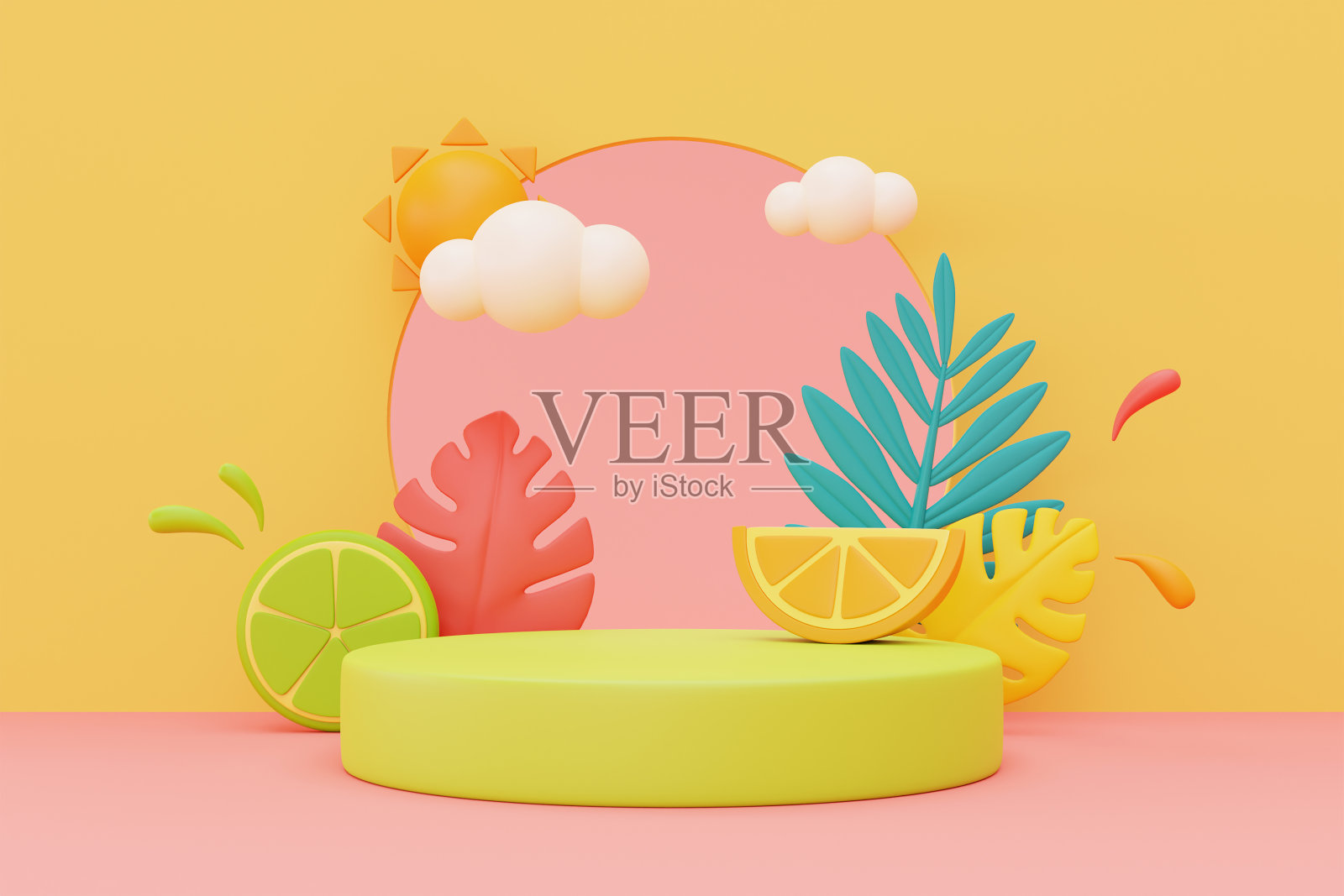 夏季展示彩色热带水果和棕榈叶，3d渲染。插画图片素材