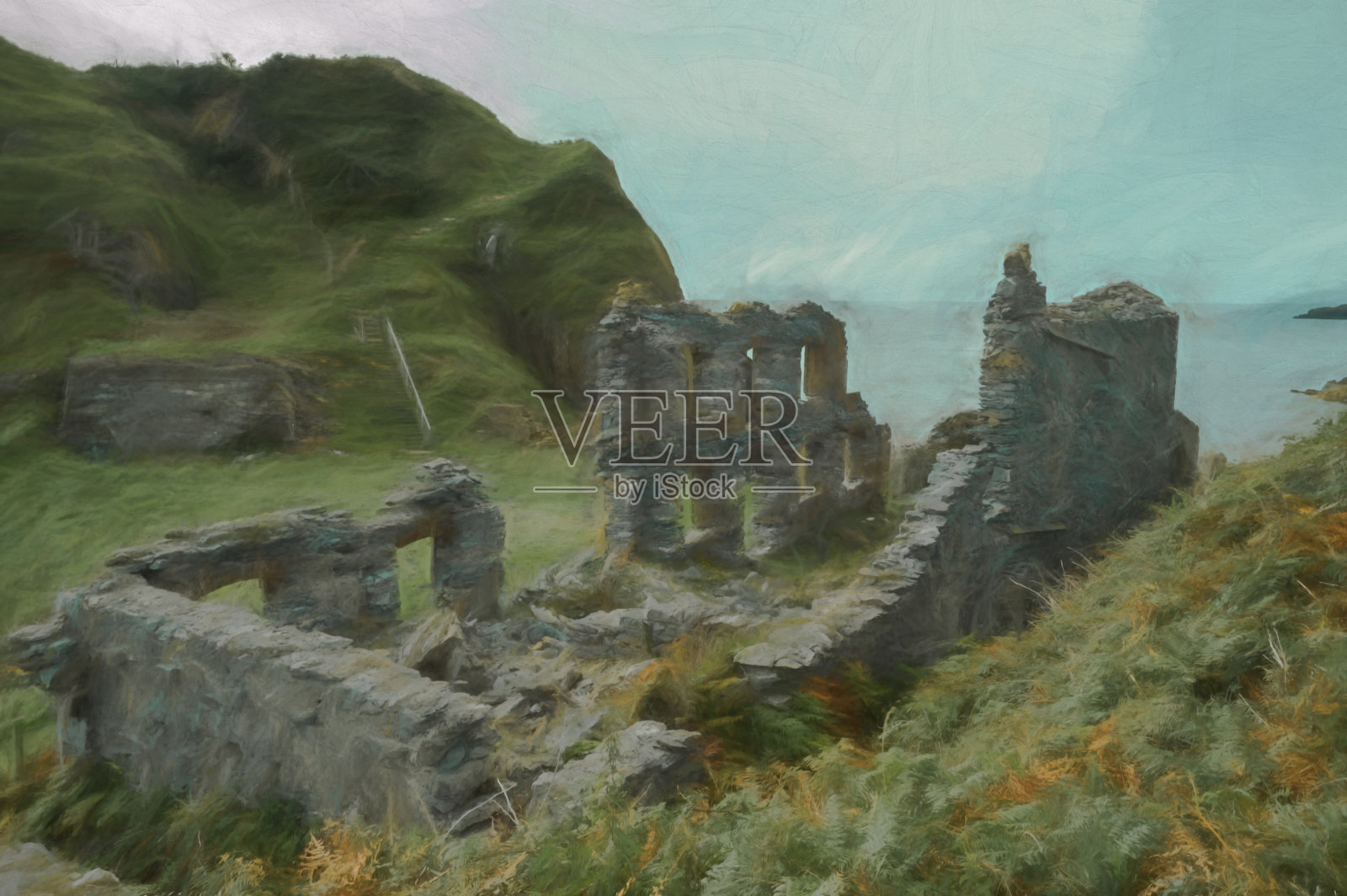 安格尔西岛，Cemaes Bay, Llanbadrig, Llanlleiana旧瓷器工厂的废弃厂房的数字绘画。照片摄影图片