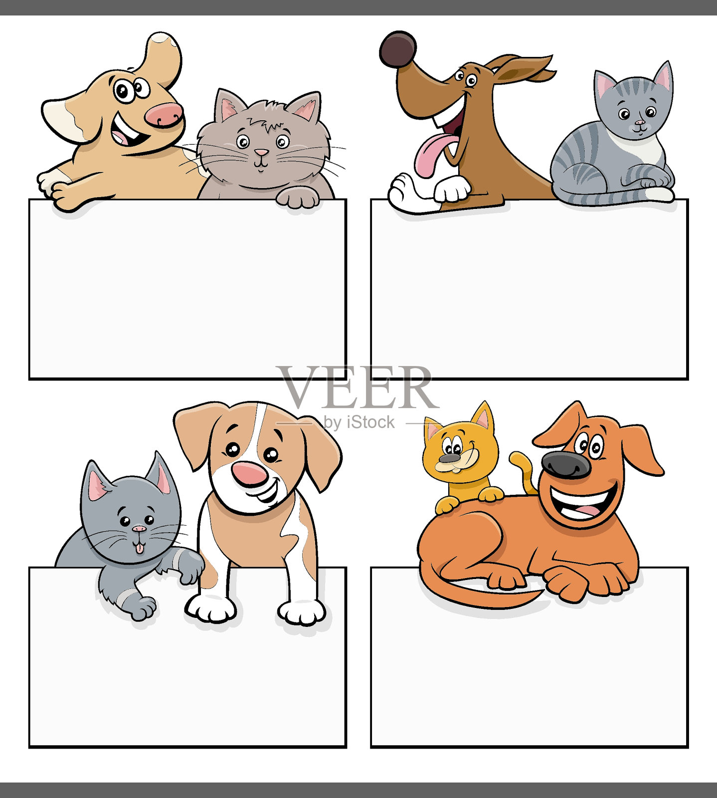 卡通猫和狗与空白卡片设计集插画图片素材