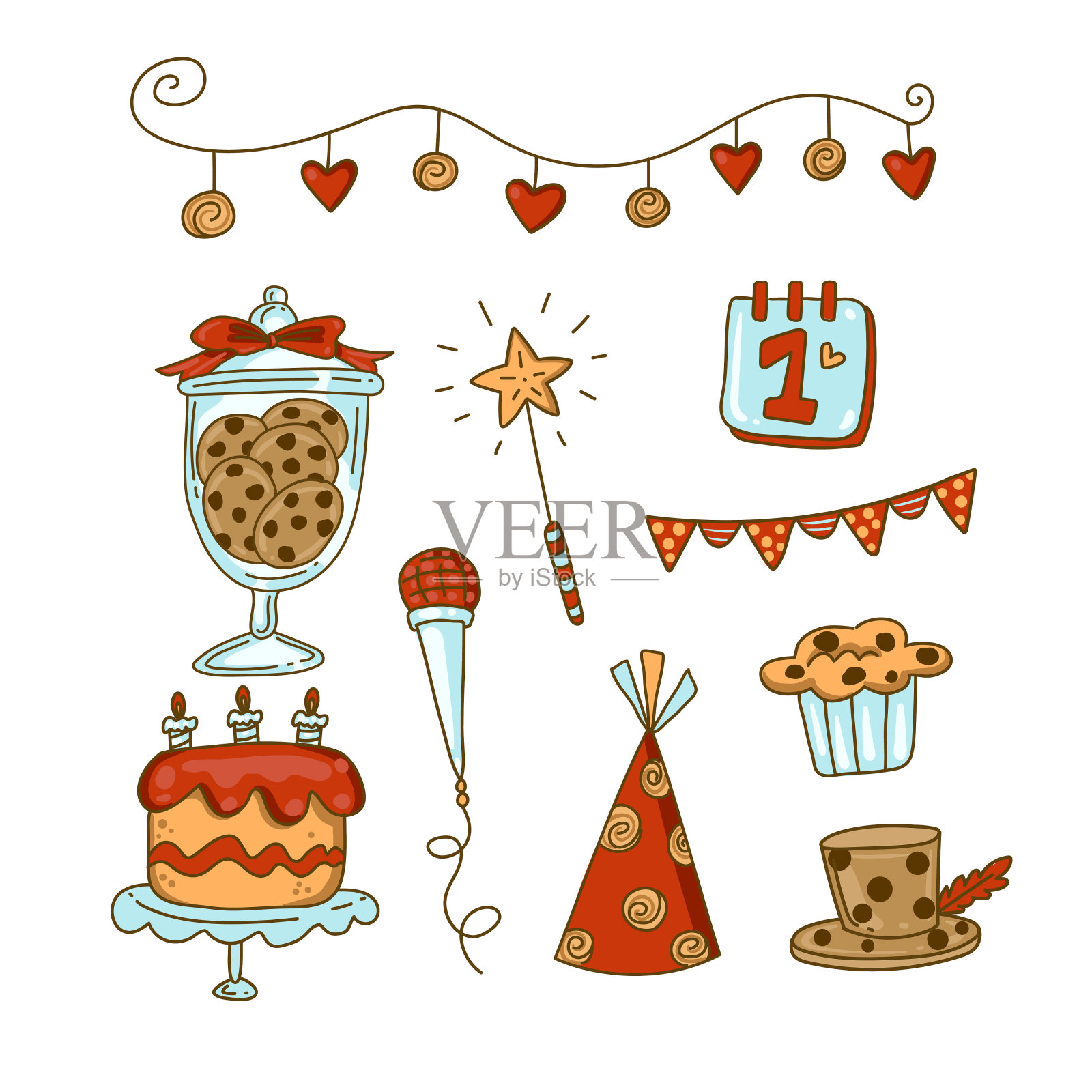 大束孤立的矢量元素生日聚会装饰和校准，平面彩色矢量图标插图插画图片素材