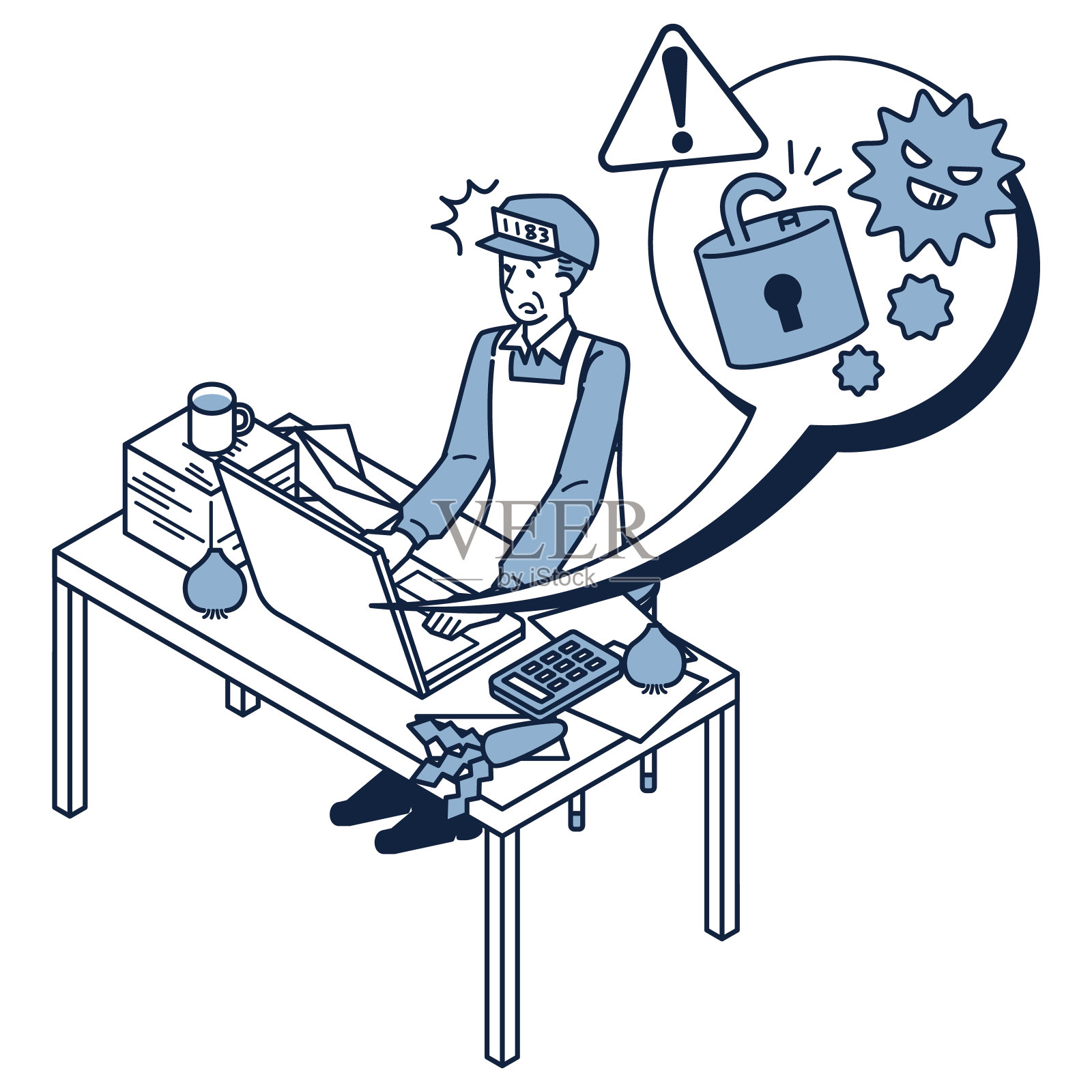 一个蔬菜水果商的男人(商人)，因为他电脑的安全系统被破坏而陷入麻烦插画图片素材