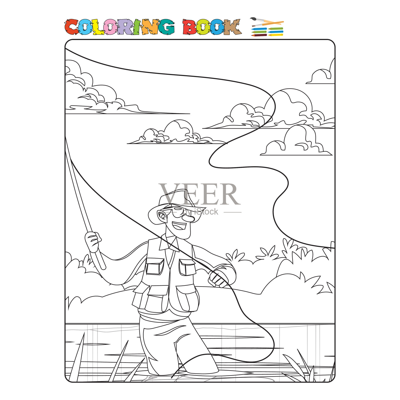 渔夫着色页面的孩子设计元素图片