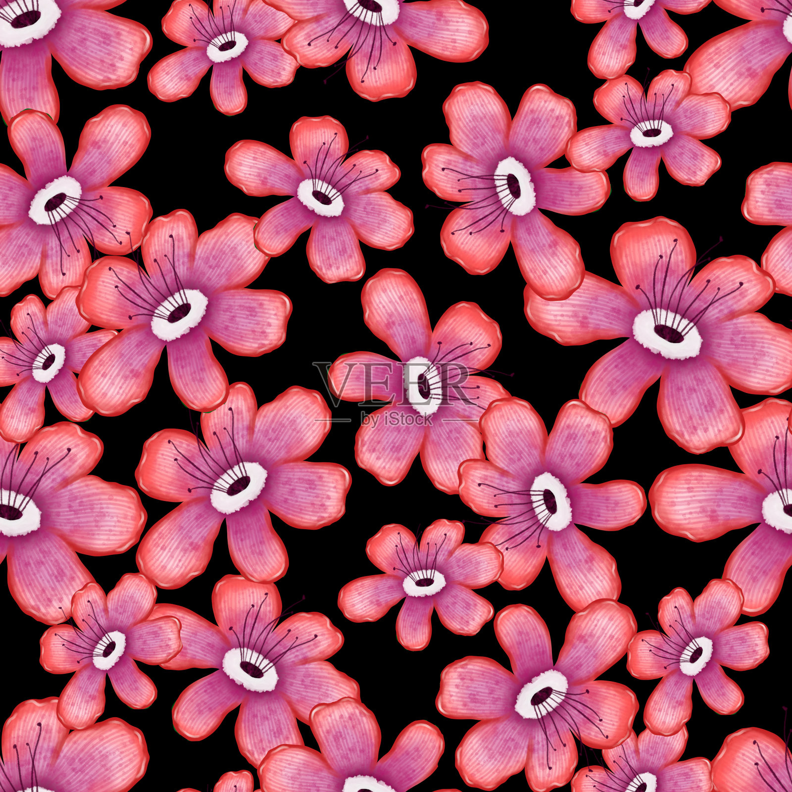 粉色花朵在黑色背景花无缝图案插画图片素材
