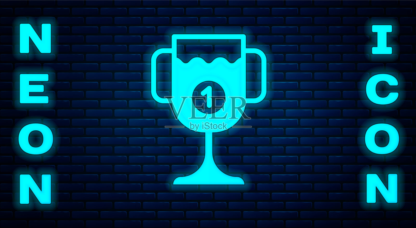 发光的霓虹灯奖杯图标孤立在砖墙上插画图片素材