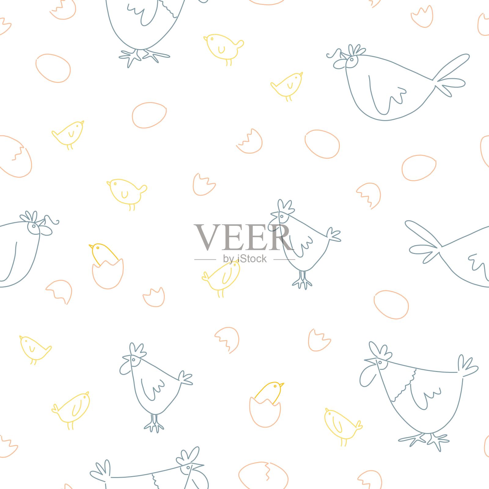 无缝图案与可爱的手绘鸡插画图片素材