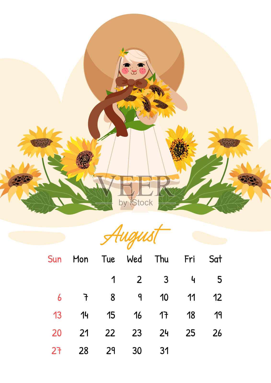 垂直矢量日历为2023年8月与可爱的兔子与向日葵。兔年，2023年的象征。一周从周日开始插画图片素材