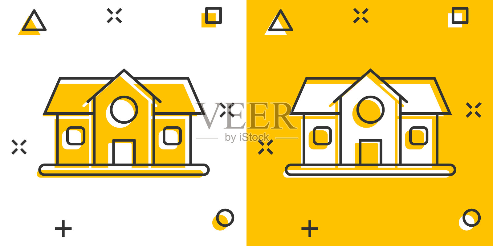 建筑图标在漫画风格的家庭卡通上插画图片素材