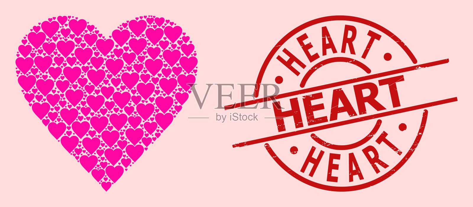 橡胶心形印章印章和粉红色的爱心插画图片素材