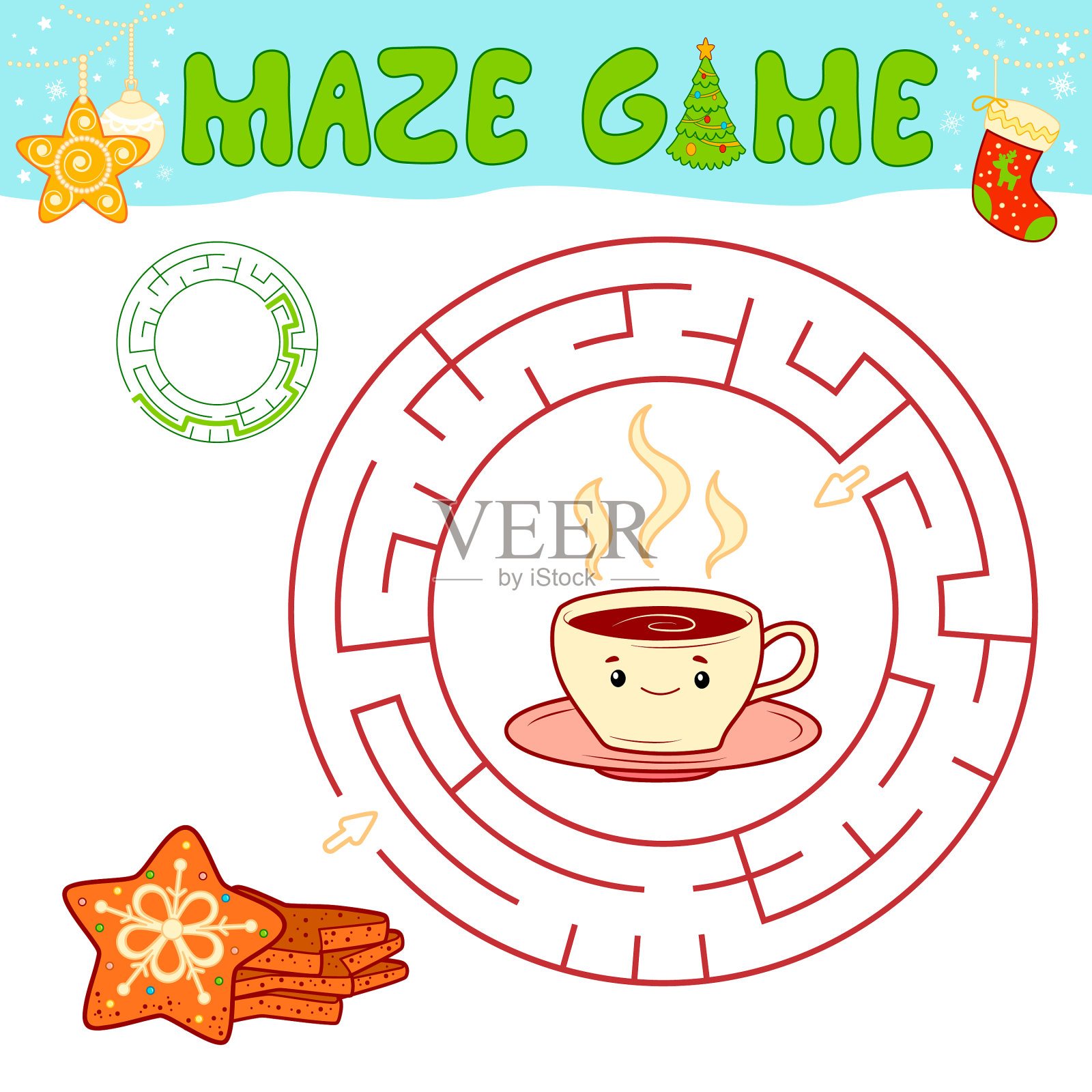 圣诞儿童圆圈迷宫益智游戏插画图片素材