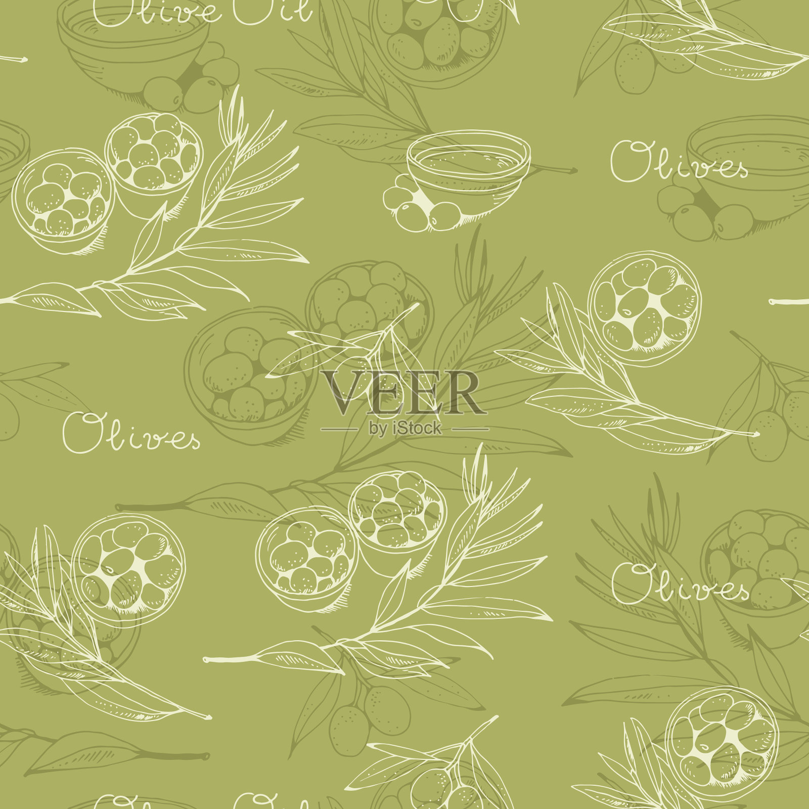 橄榄和橄榄枝无缝图案插画图片素材