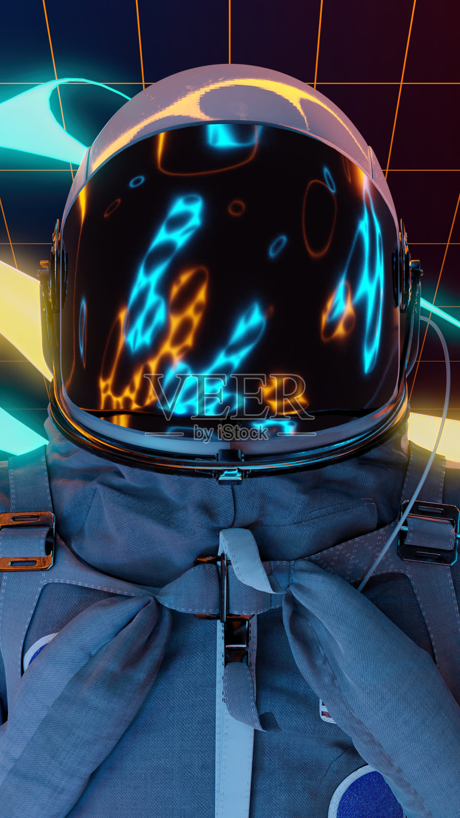 宇航员太空服在霓虹灯空间灯光复古波三维插图照片摄影图片