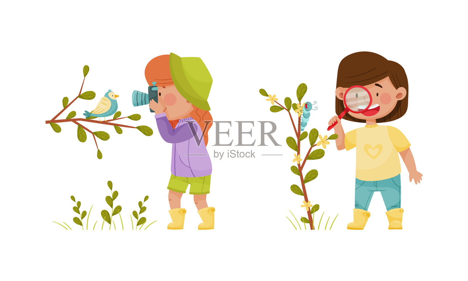 可爱的孩子探索动物在森林或公园设置设计元素图片