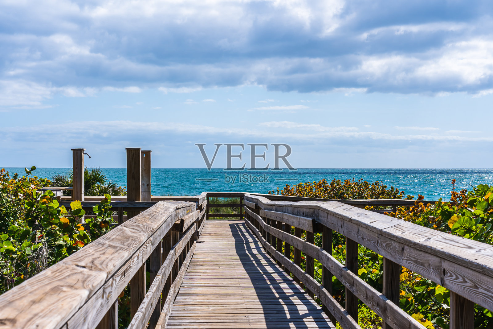 通往佛罗里达大西洋海滩的木板路。照片摄影图片