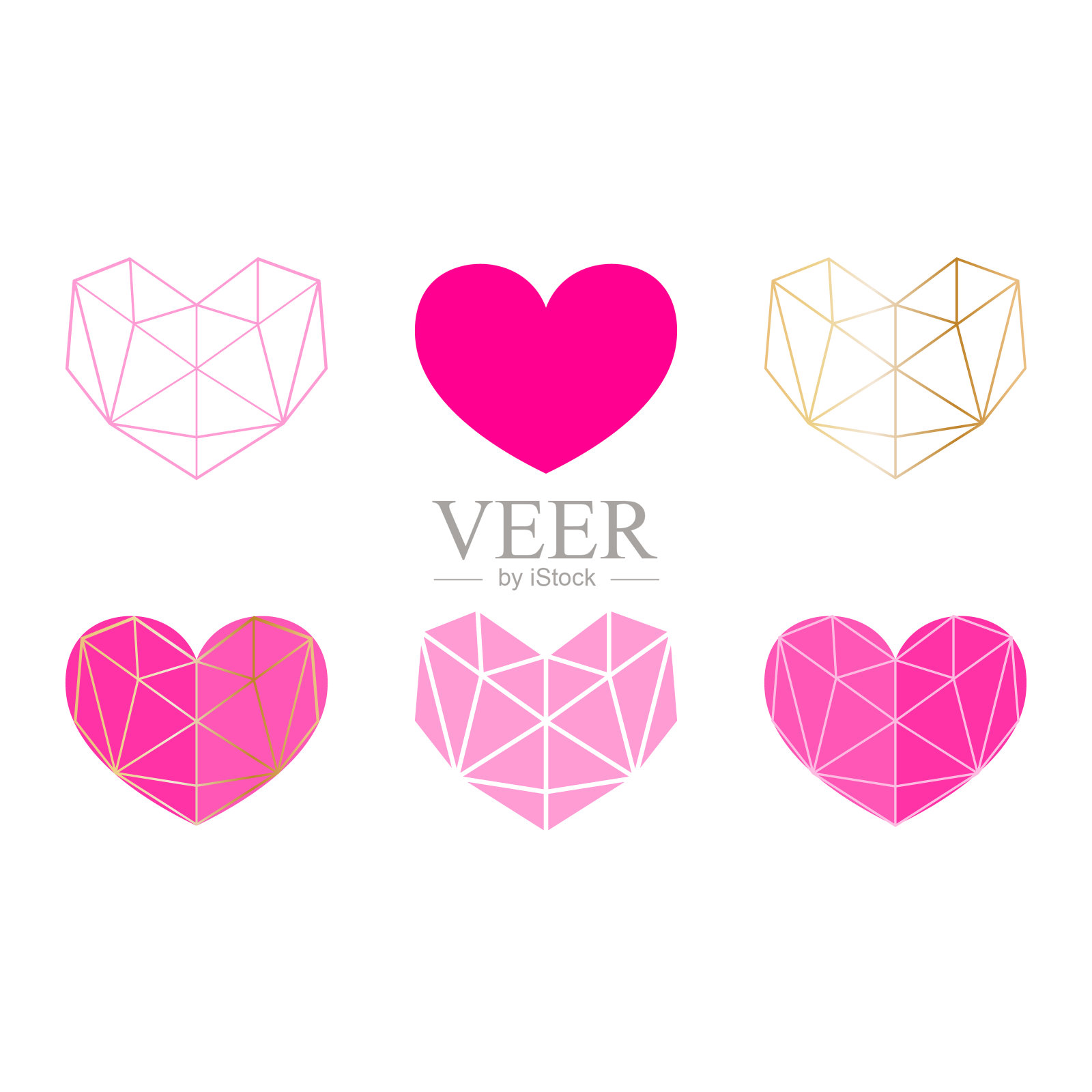 一套现代几何风格的粉红色心形图案。矢量插图为您的图形设计。心形几何标志。为情人节设计元素。插画图片素材