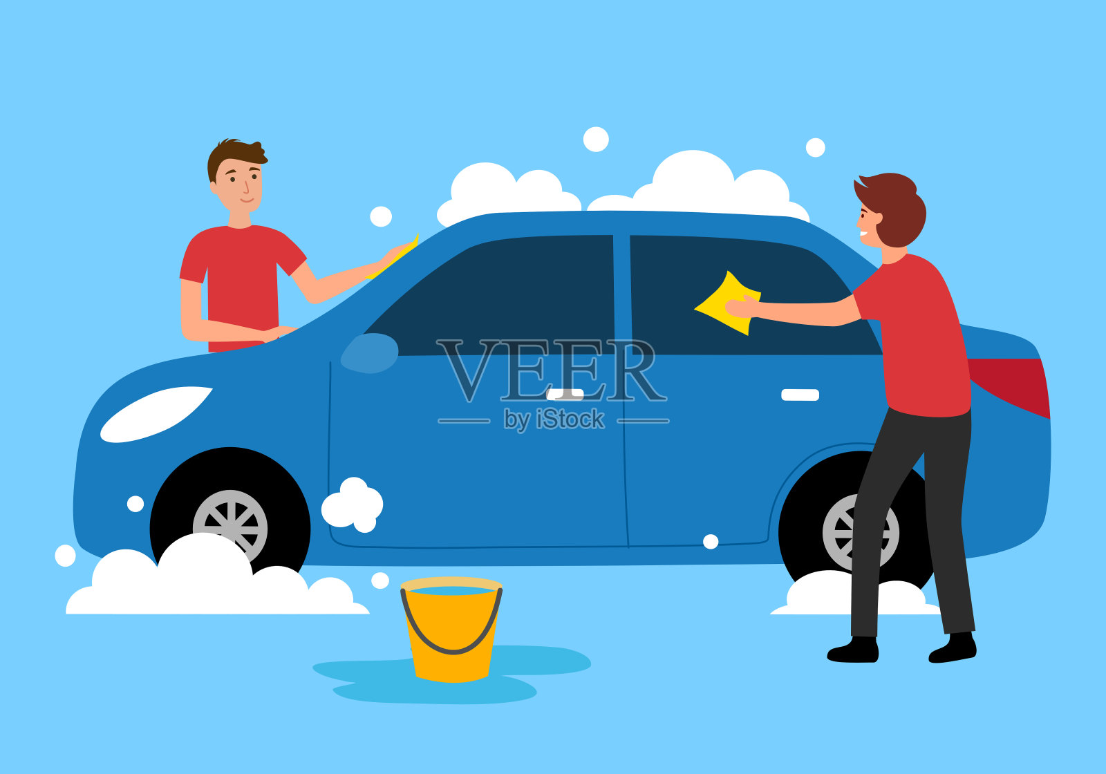 男子工人洗车平面设计。洗车服务中心。插画图片素材