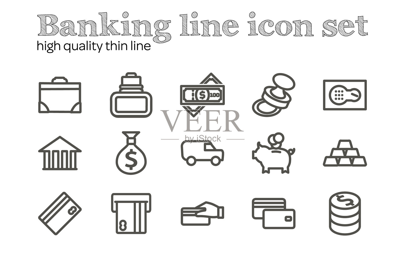 金融或银行线图标设置与金钱货车图标素材