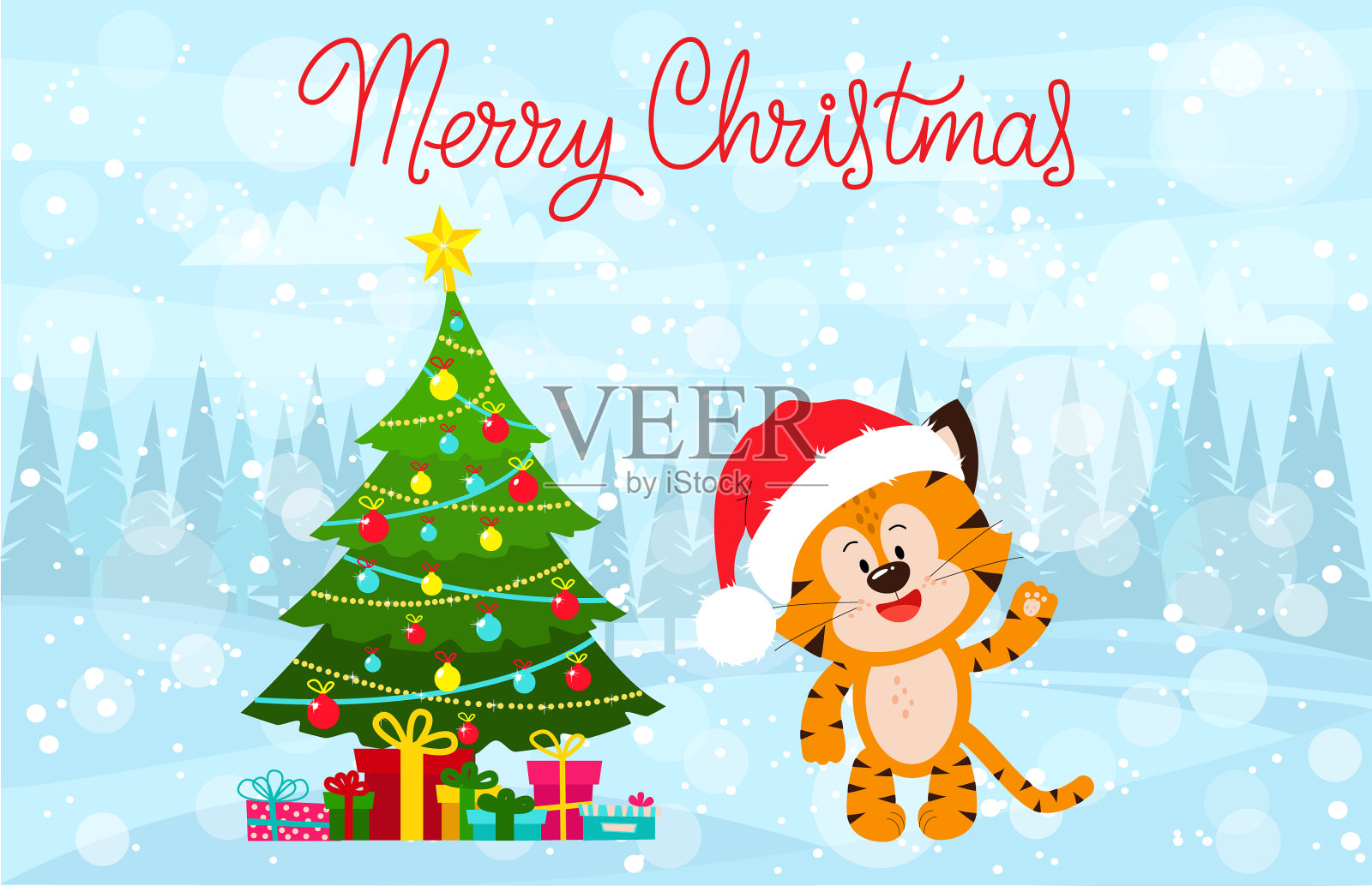 一只小老虎和一棵装饰着插画图片素材