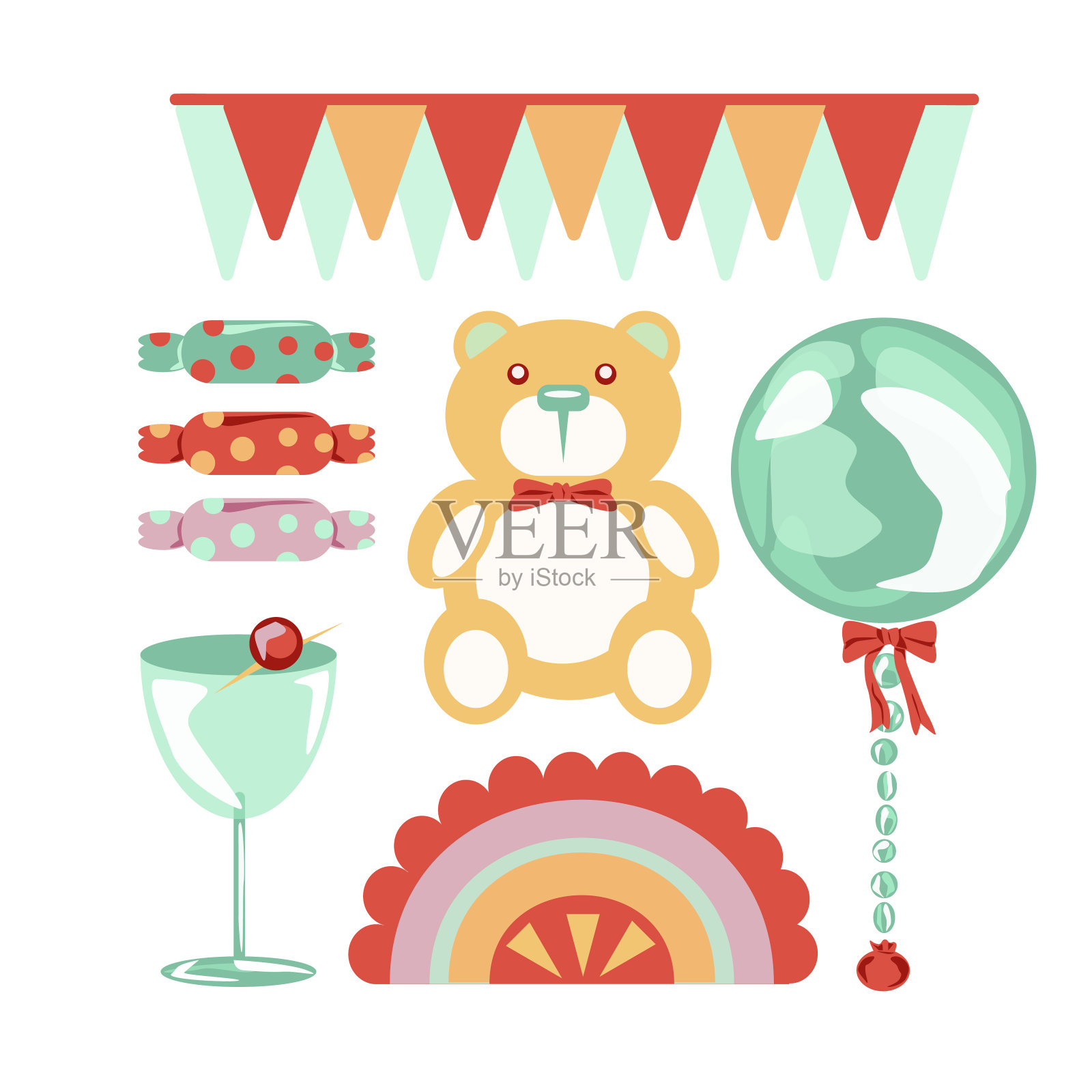 大束孤立的矢量元素生日聚会装饰和校准，平面彩色矢量图标插图插画图片素材