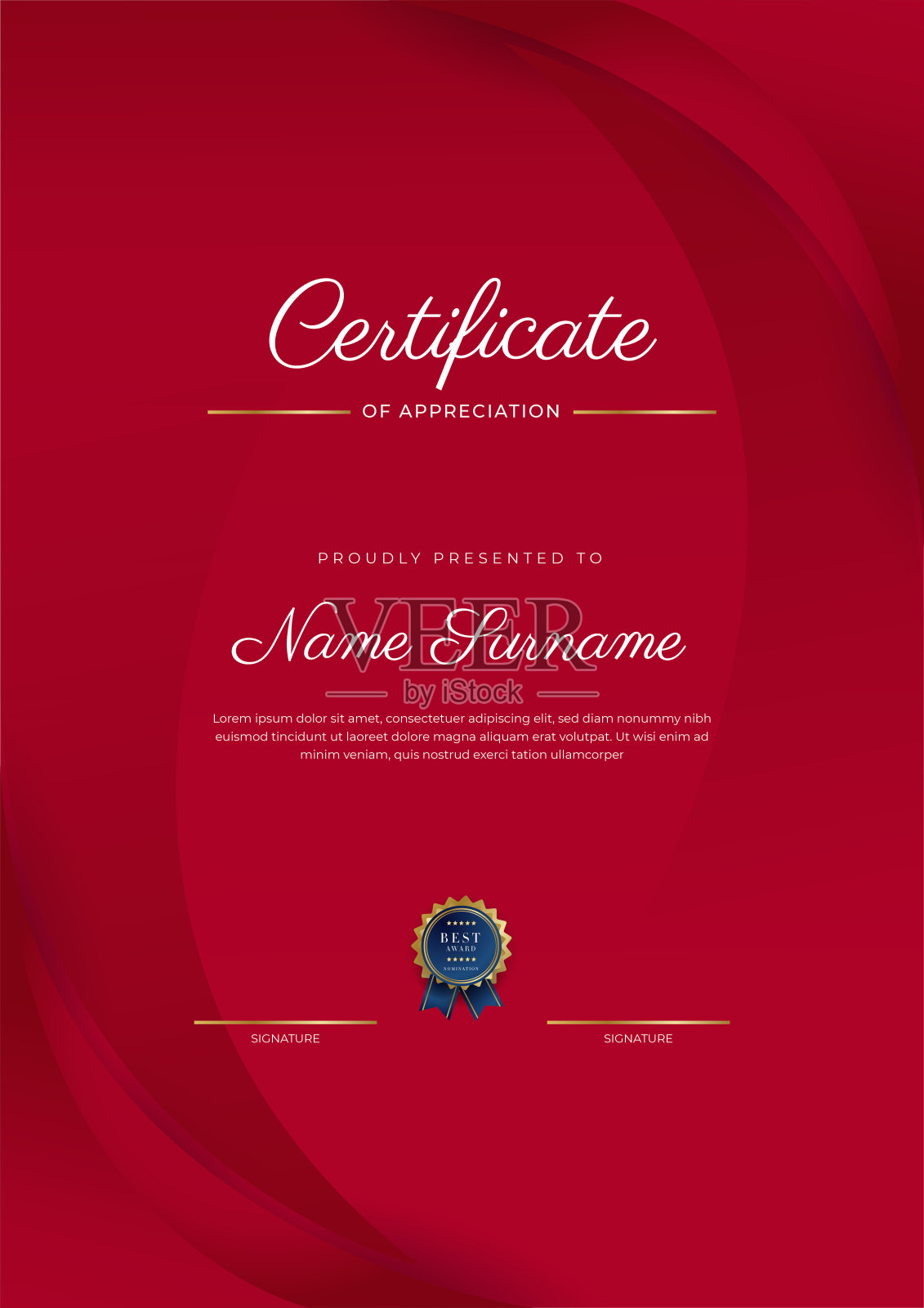 鉴赏证书模板，金色和红色。带金章的干净现代证书。证书边框模板具有豪华和现代的线条图案。文凭向量模板插画图片素材