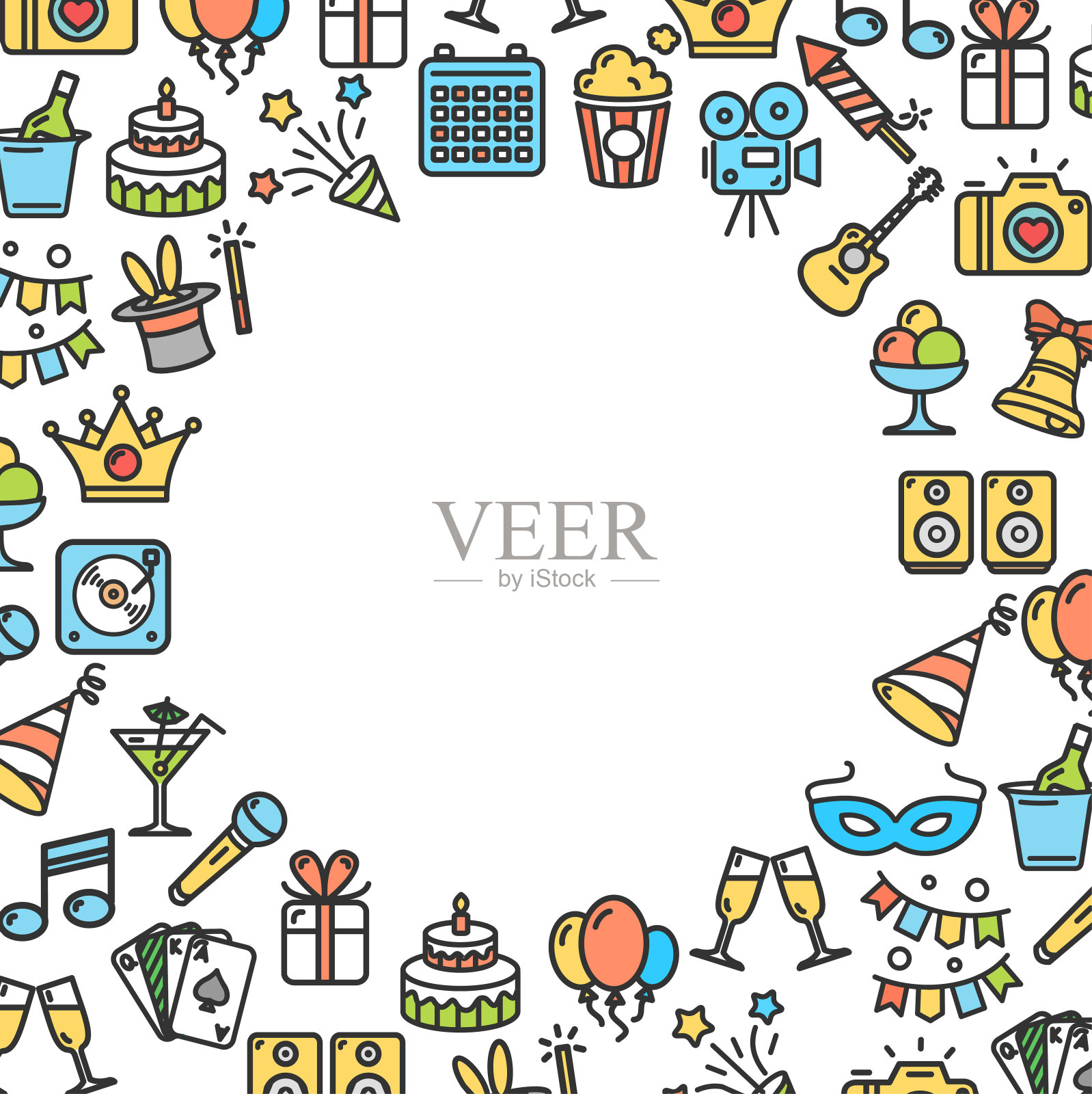 派对概念背景与细线图标。向量插画图片素材