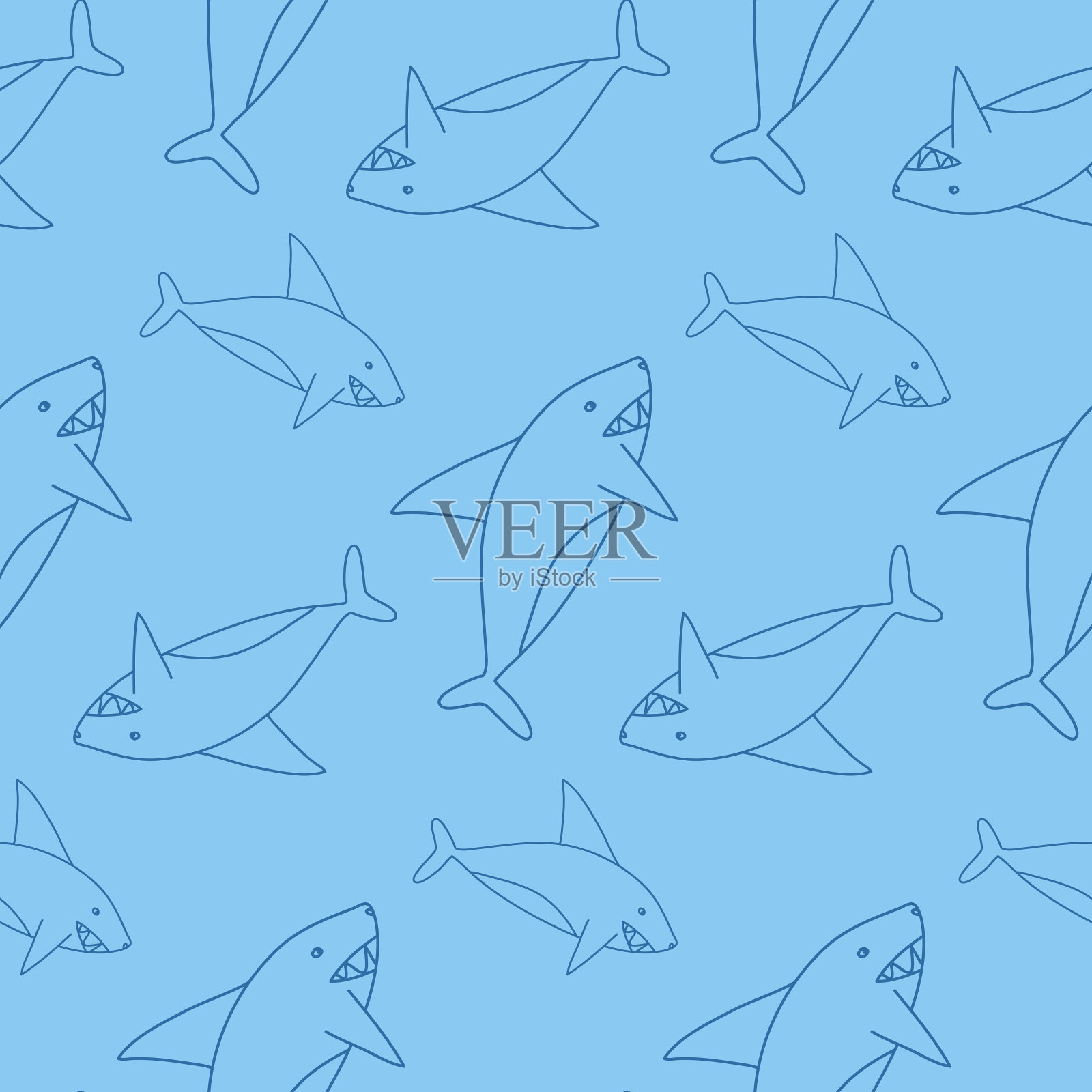 鲨鱼轮廓上的蓝色，海洋动物鲨鱼，无缝图案的纺织品设计和包装纸插画图片素材