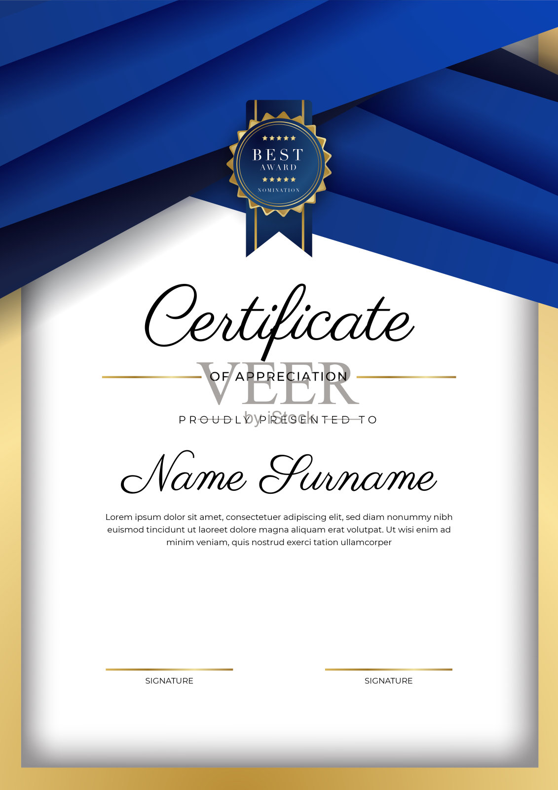 鉴赏证书模板，金色和蓝色。带金章的干净现代证书。证书边框模板具有豪华和现代的线条图案。文凭向量模板插画图片素材