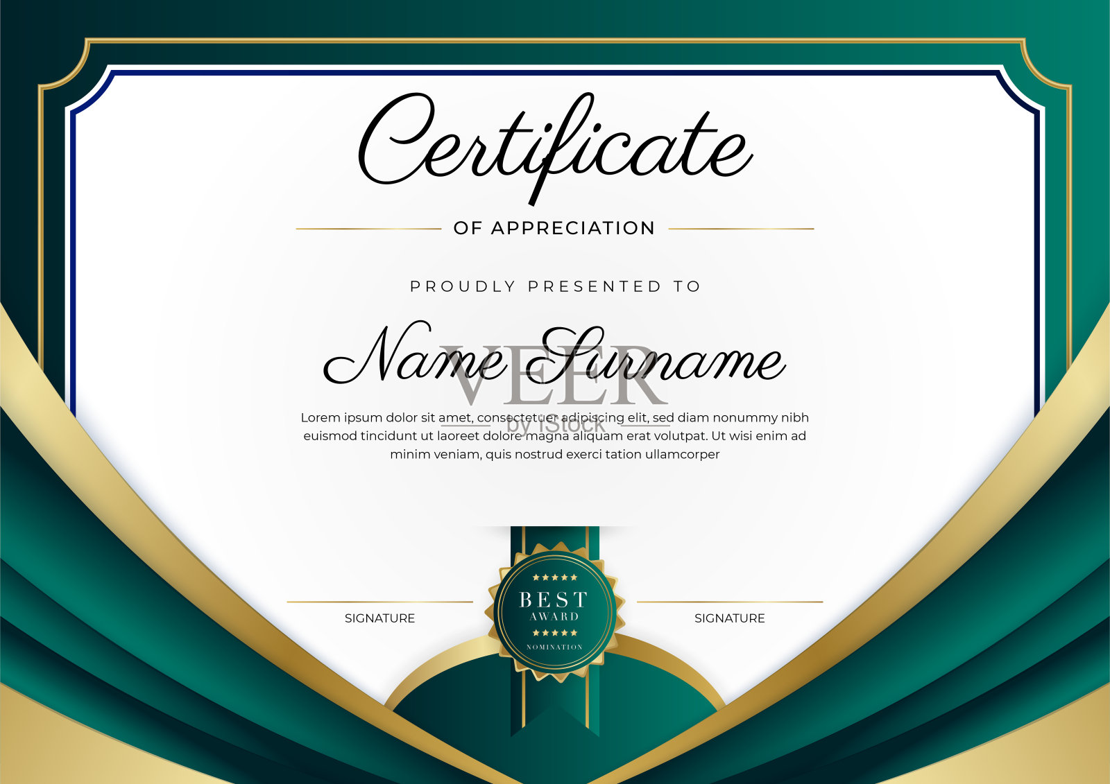 鉴赏证书模板，颜色金黑绿相间。带金章的干净现代证书。证书边框模板具有豪华和现代的线条图案。文凭向量模板插画图片素材