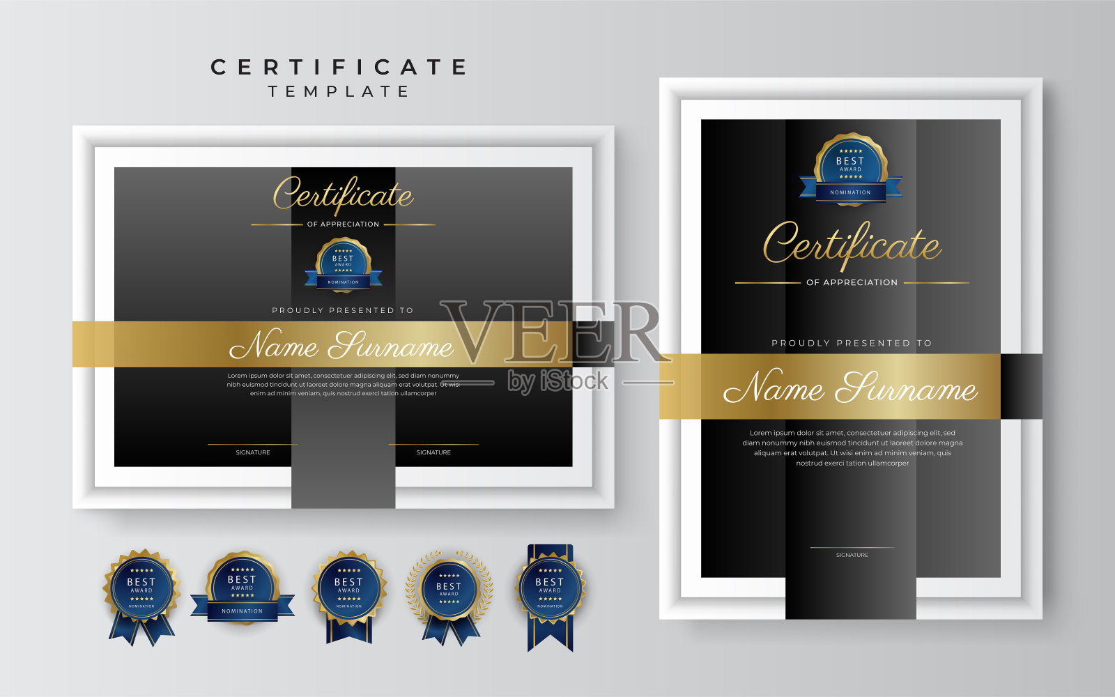 现代黑色和金色的成就证书边界模板与豪华徽章和现代线模式。为了奖励、商业和教育的需要设计模板素材