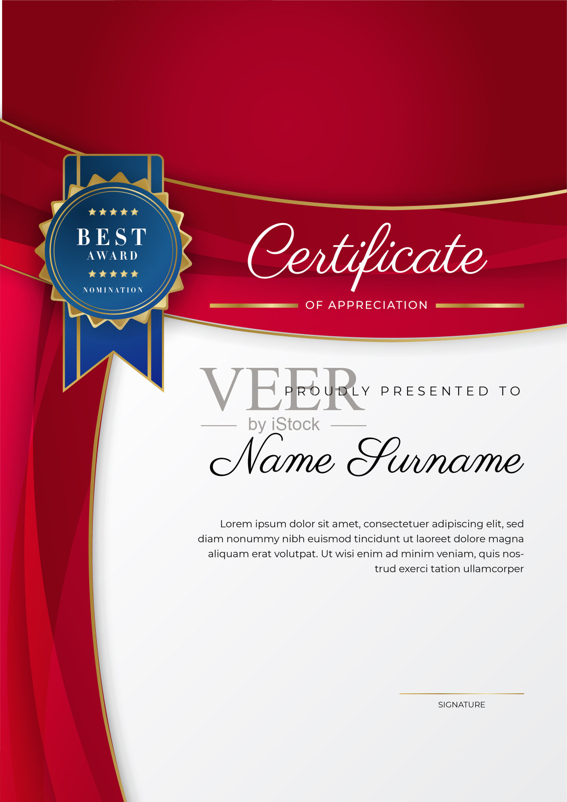 鉴赏证书模板，金色和红色。带金章的干净现代证书。证书边框模板具有豪华和现代的线条图案。文凭向量模板插画图片素材