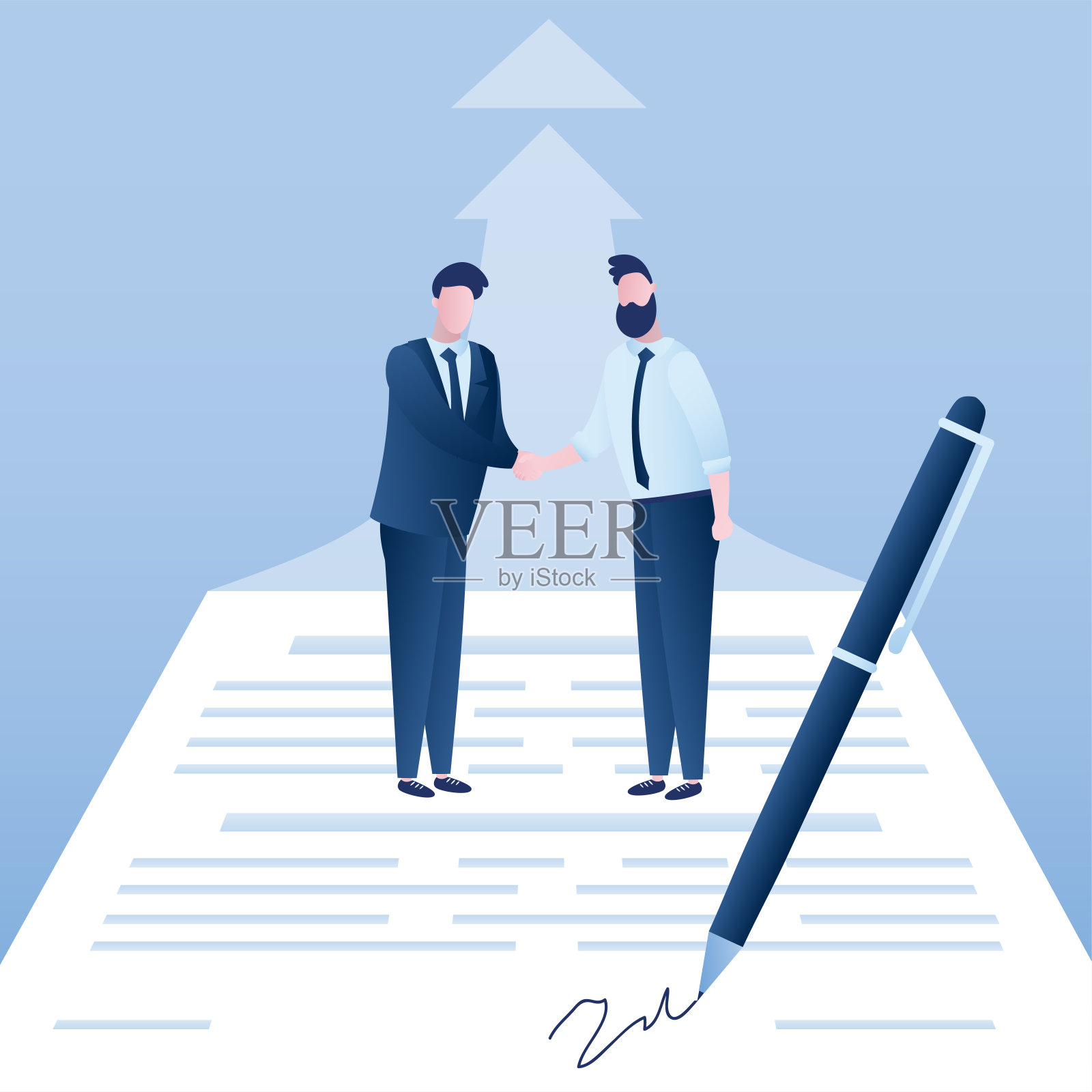 商人做的生意很好。新项目开发。两位企业家在谈判成功后握手。大笔签纸合同。协议,插画图片素材