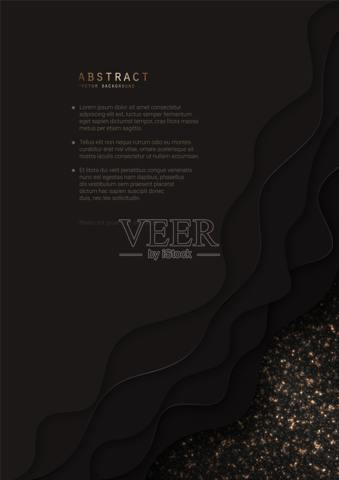 优雅抽象闪亮豪华A4封面设计与金色闪光，剪纸弯曲元素和黑色拷贝空间。高级分层现代几何模板的邀请，小册子，笔记本，卡片插画图片素材