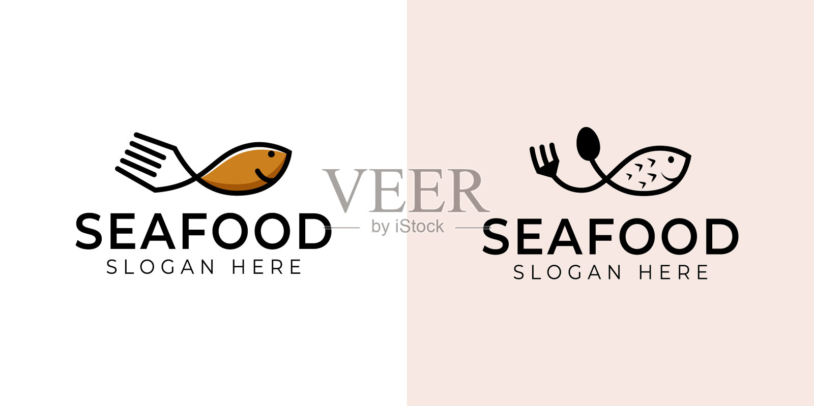 简单的线条艺术标志的鱼食叉和插画图片素材