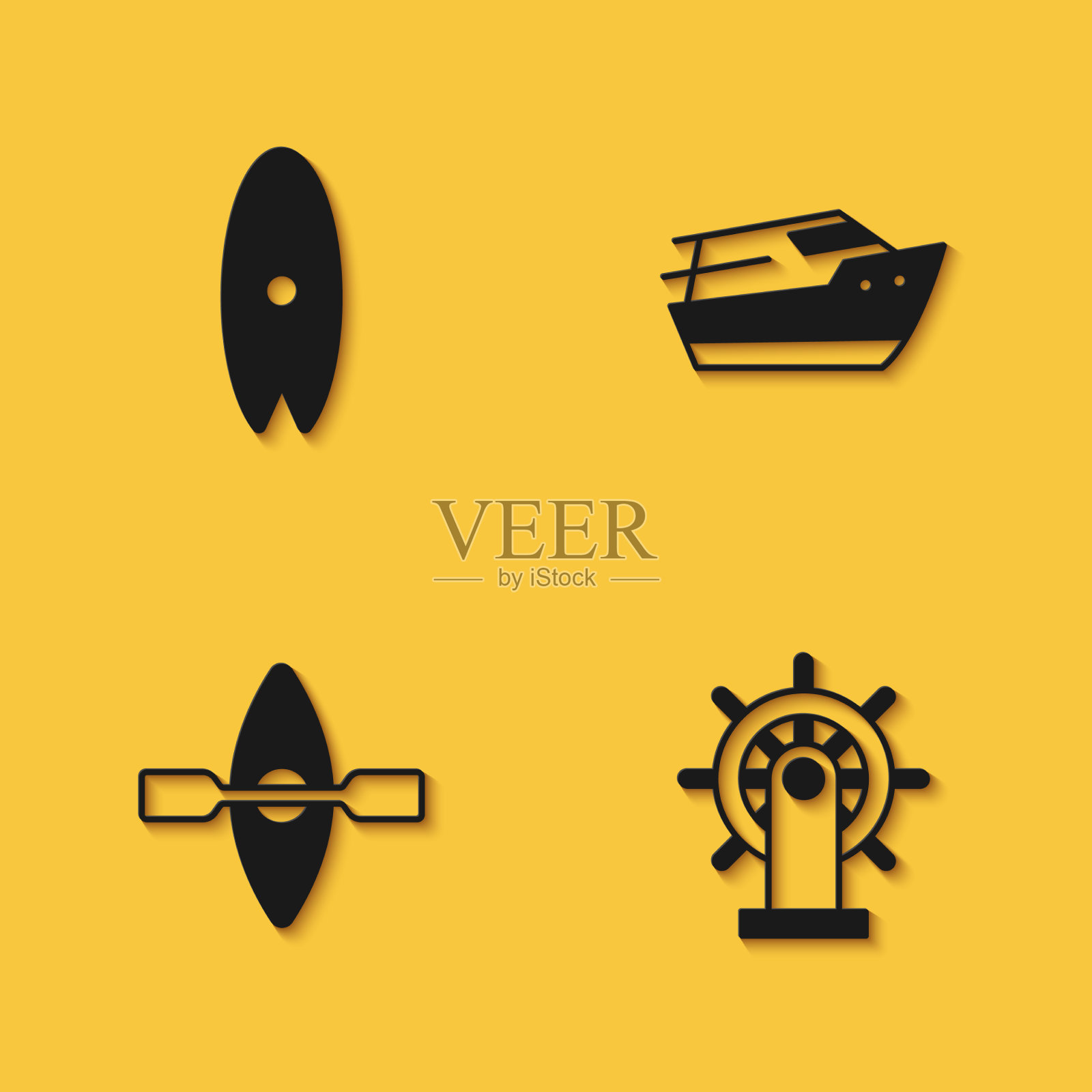 设置冲浪板、船、方向盘、皮艇和图标素材