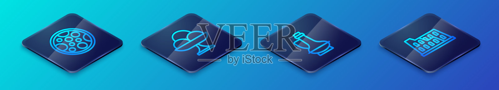 设置等距线瓶橄榄油披萨图标素材