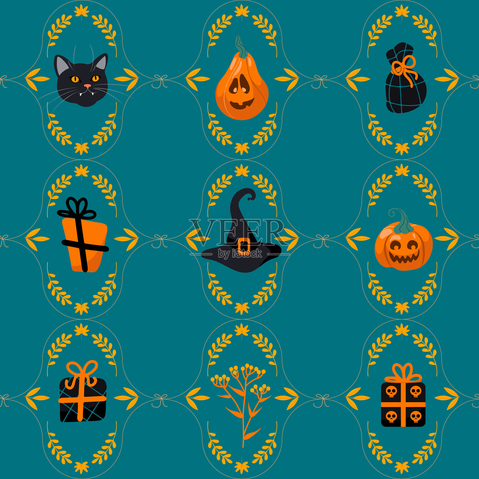 万圣节无缝图案黑猫女巫帽插画图片素材