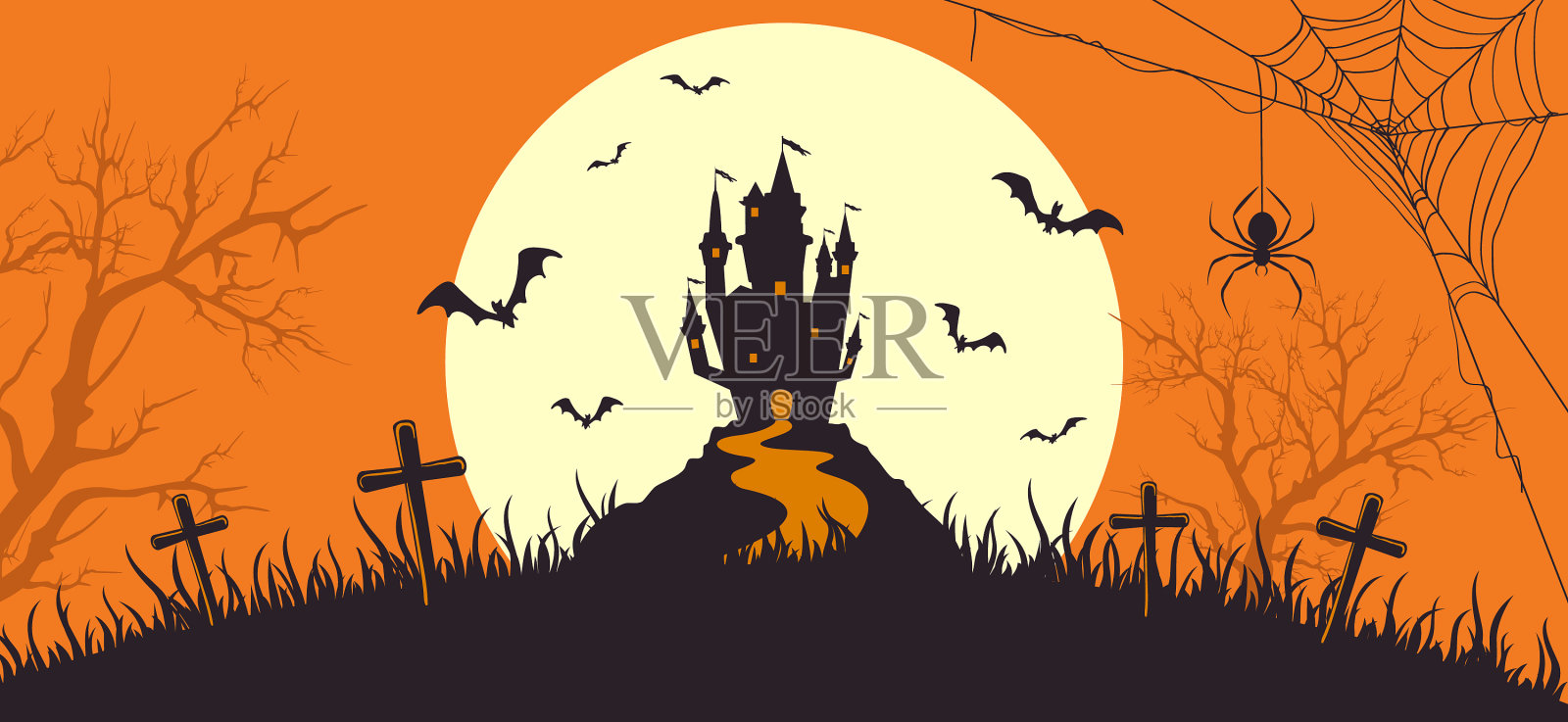 橙色万圣节横幅，可怕的城堡和蝙蝠插画图片素材
