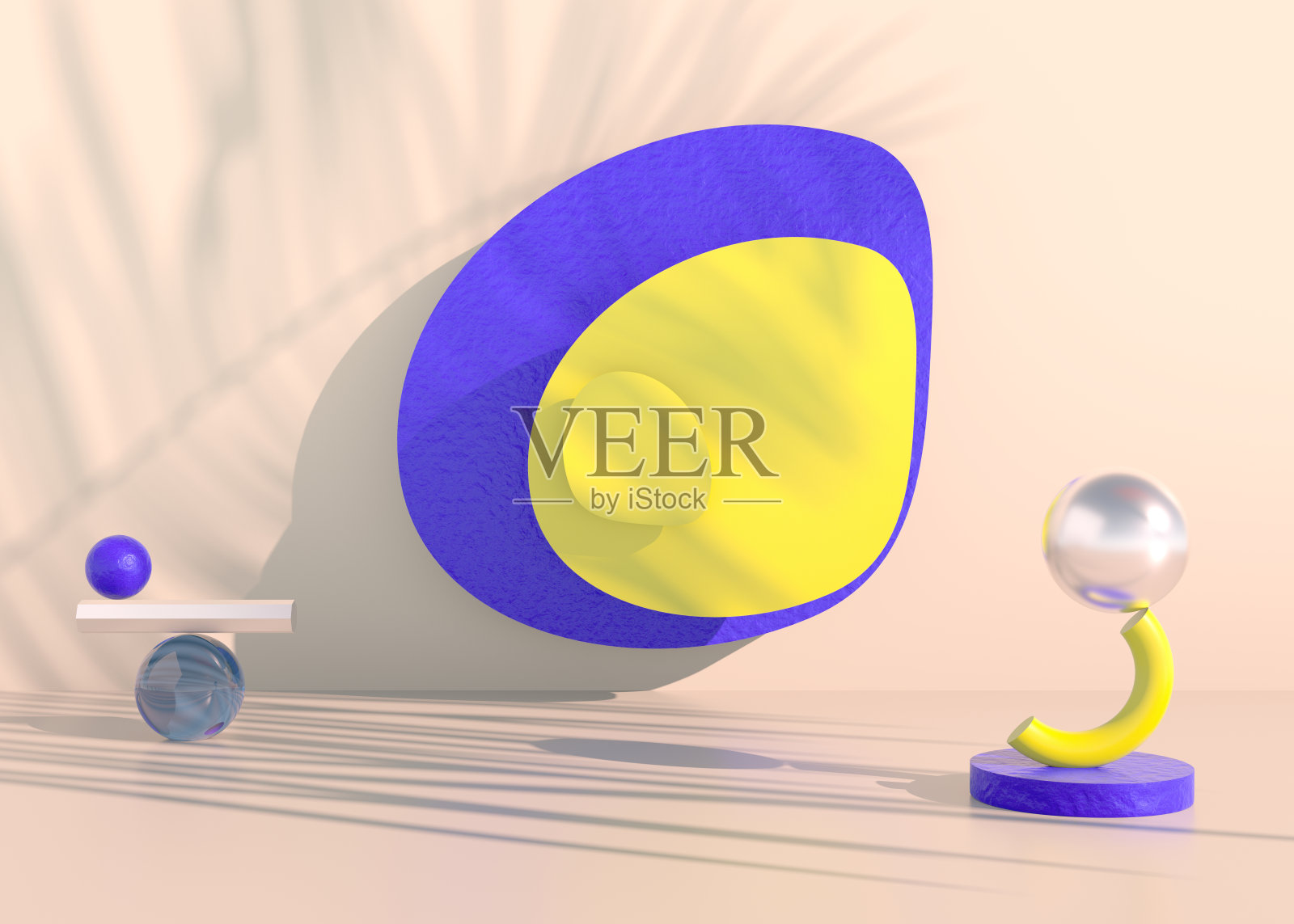 讲台上有棕榈叶的阴影，用于化妆品展示。空的展示台基背景模型。3 d渲染。照片摄影图片