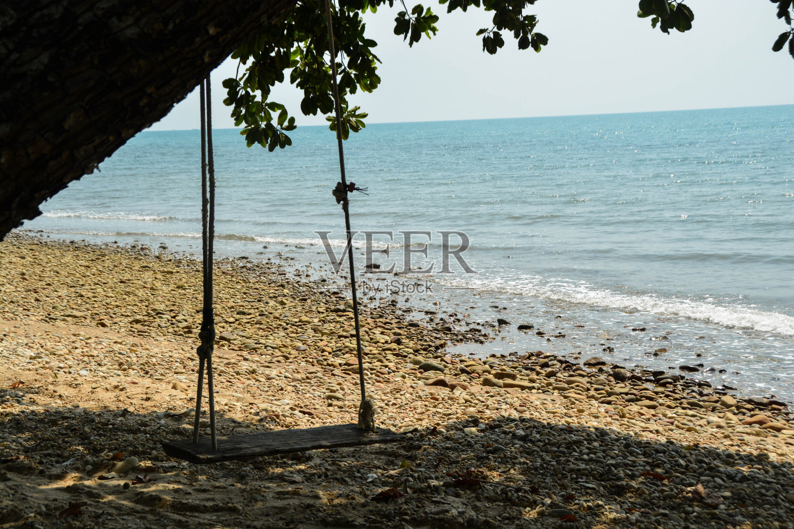 木秋千绑在岩石海滩上的一棵大树上。照片摄影图片