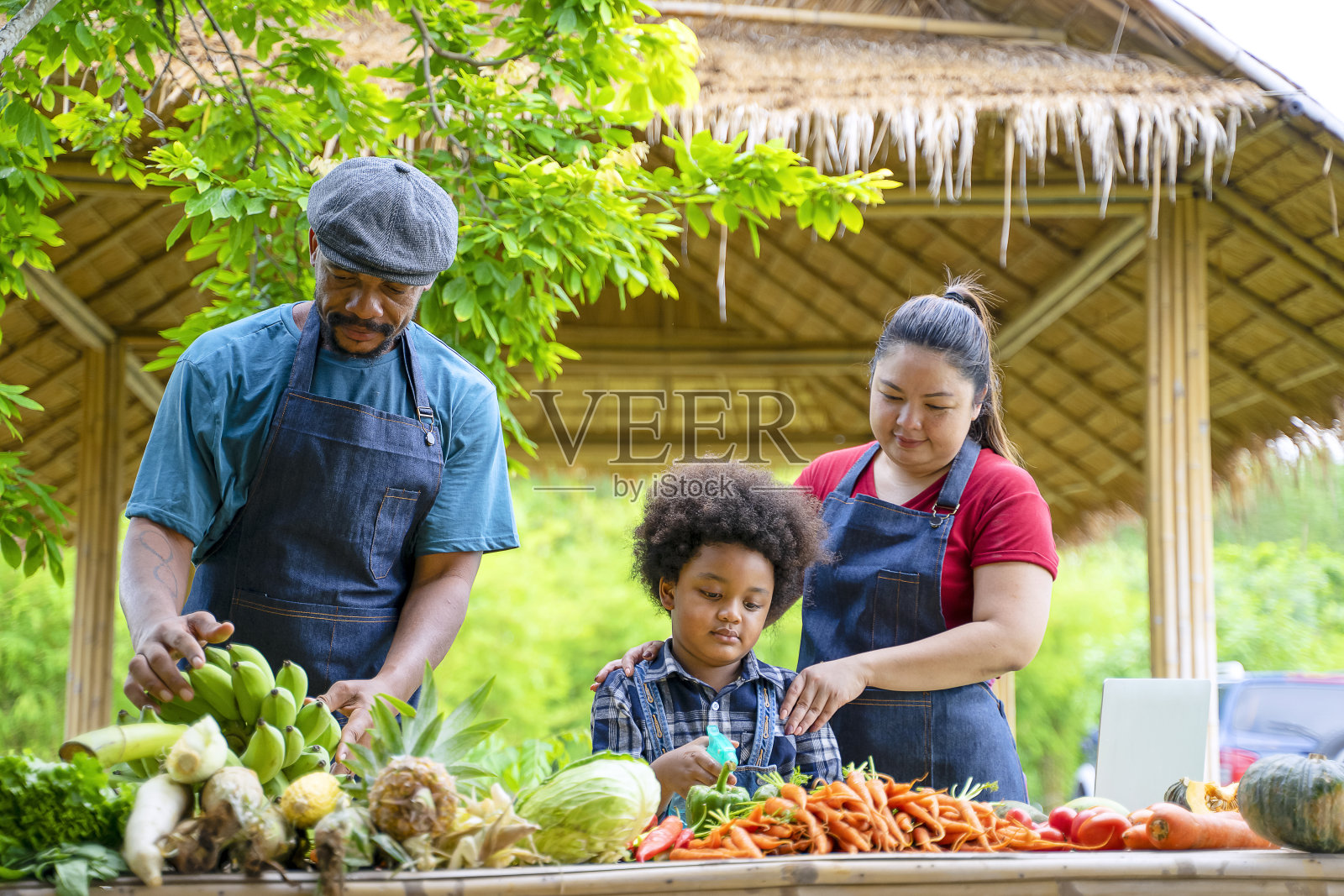 家长和孩子们在果园里干活。他们正在种蔬菜。照片摄影图片