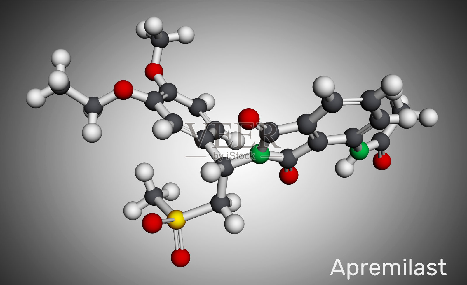 Apremilast药物分子。它是非甾体类药物，用于治疗银屑病，银屑病性关节炎。分子模型插画图片素材