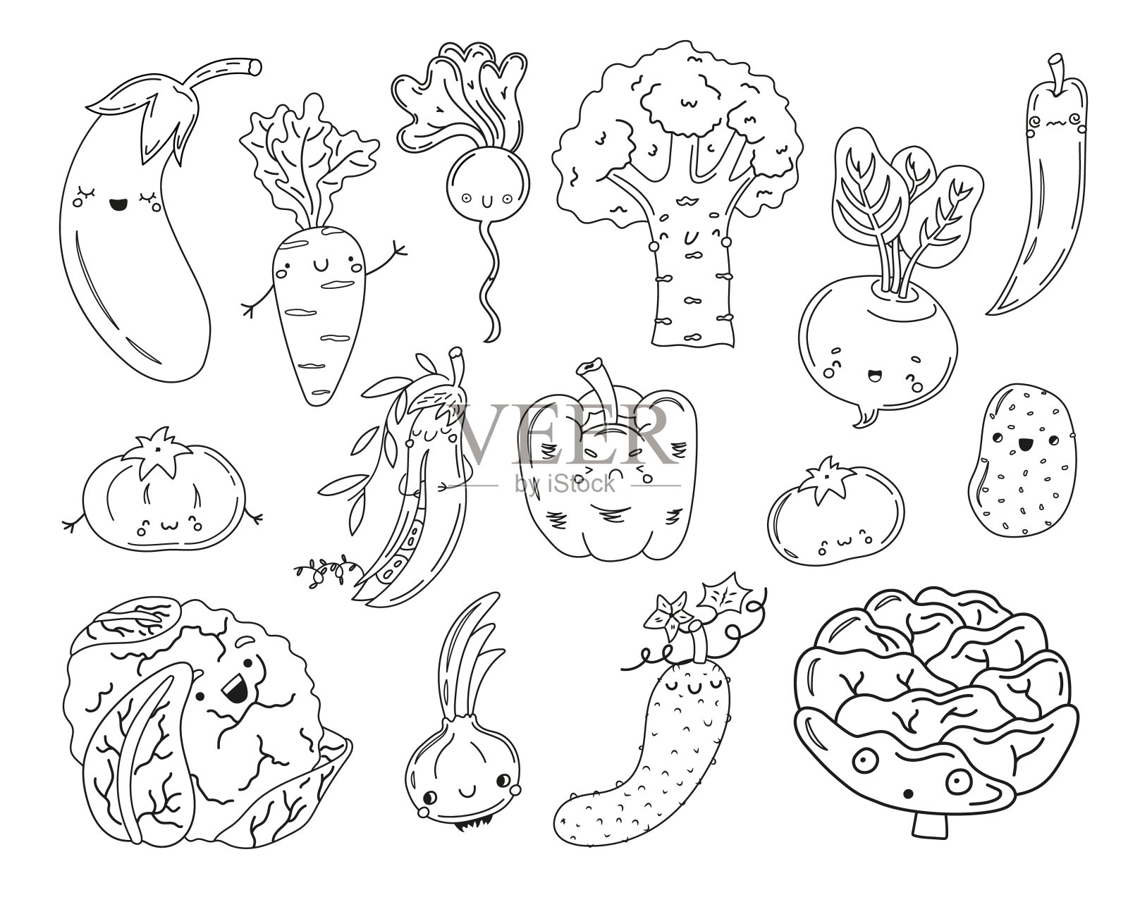 卡通蔬菜设置着色插画图片素材
