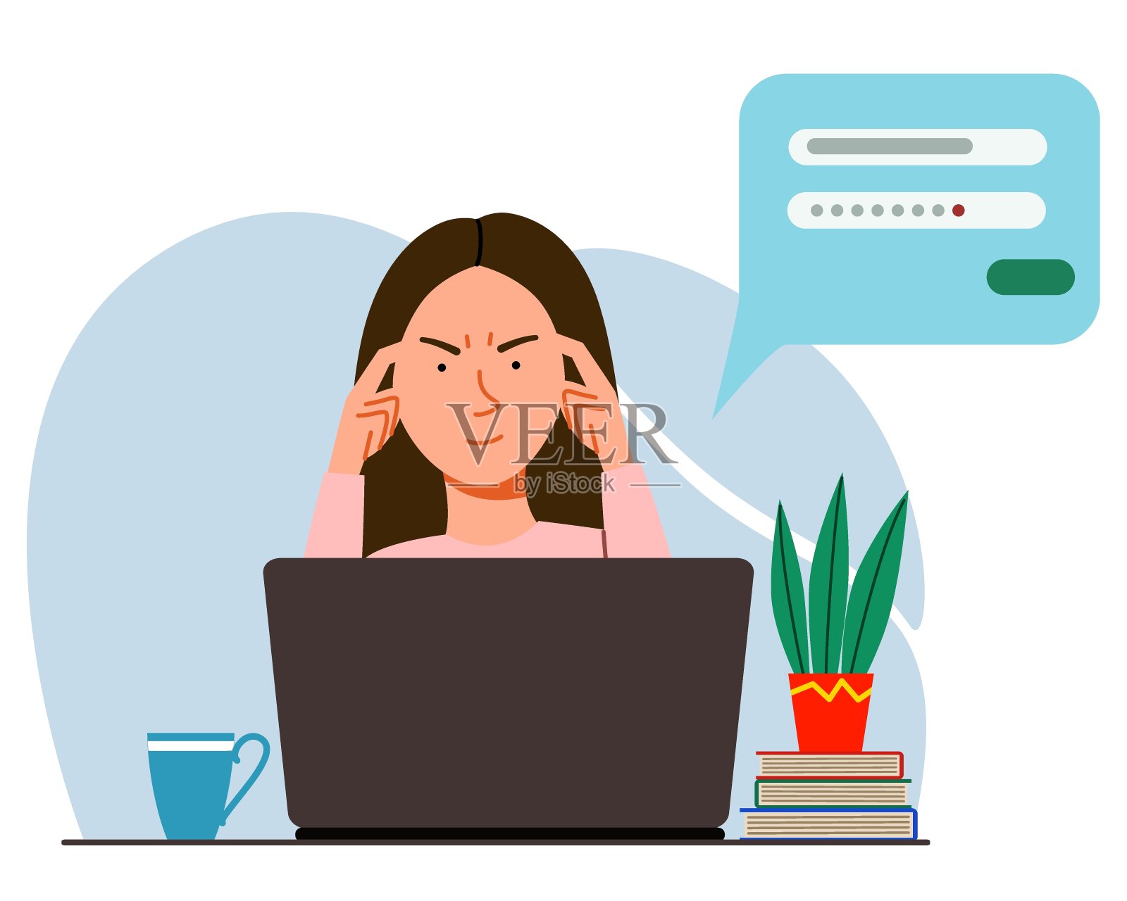 一个女人在笔记本电脑后面思考的概念。插画图片素材