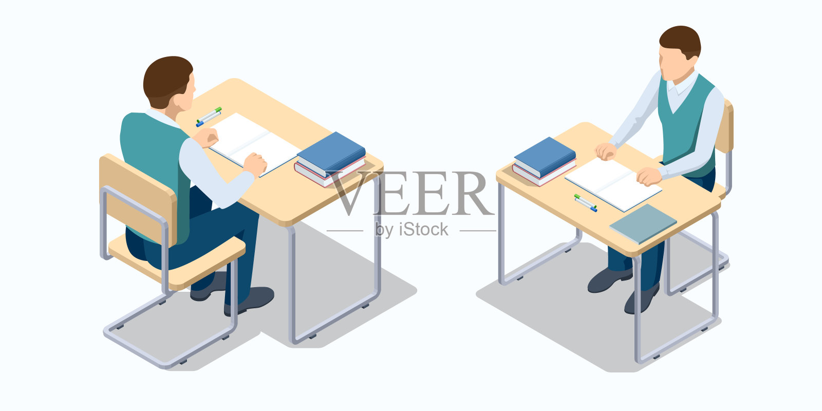 等距的课桌和椅子。坐在书桌前的男生。学生在她的书桌上写字。准备考试或学习中学教育课程。回到学校的概念。插画图片素材