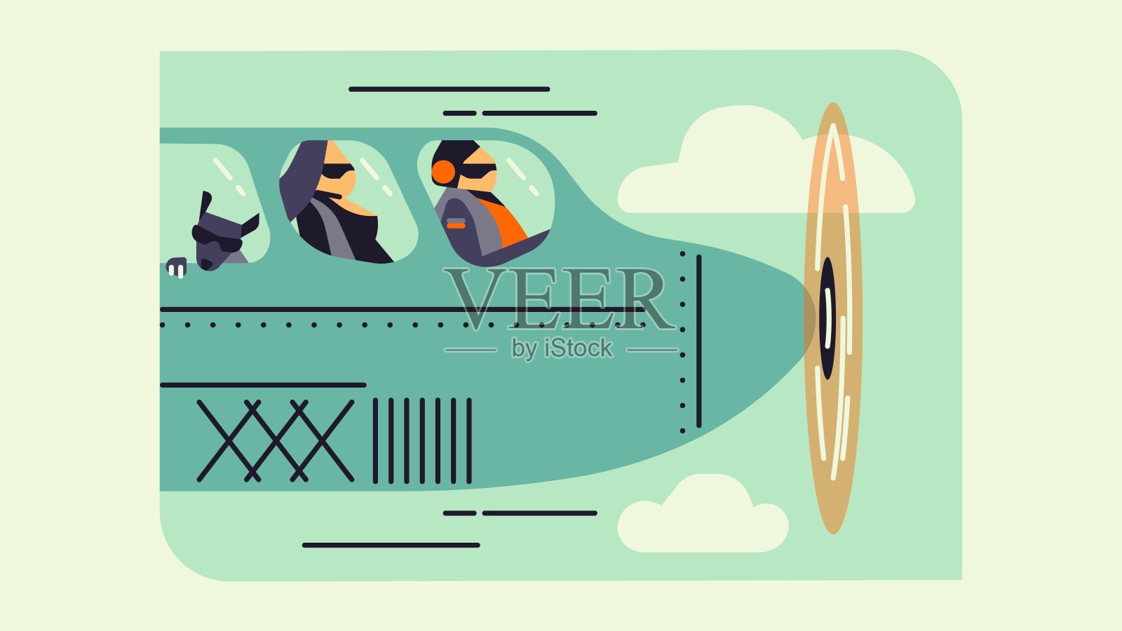 飞机机头、螺旋桨、飞行员和乘客，极简平面图标风格的卡通。狗在窗口-与动物旅行插画图片素材