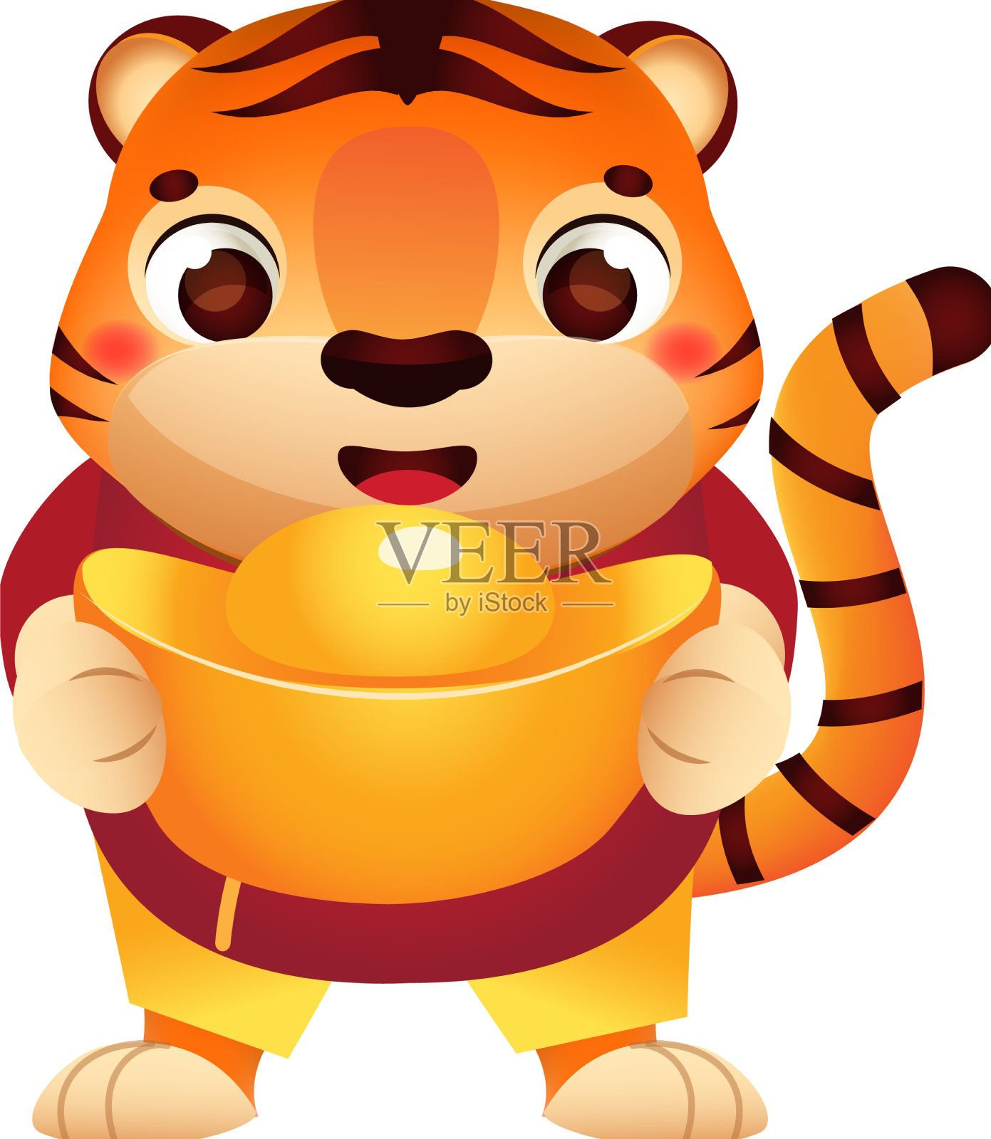 卡通虎配金船元宝锭设计元素图片