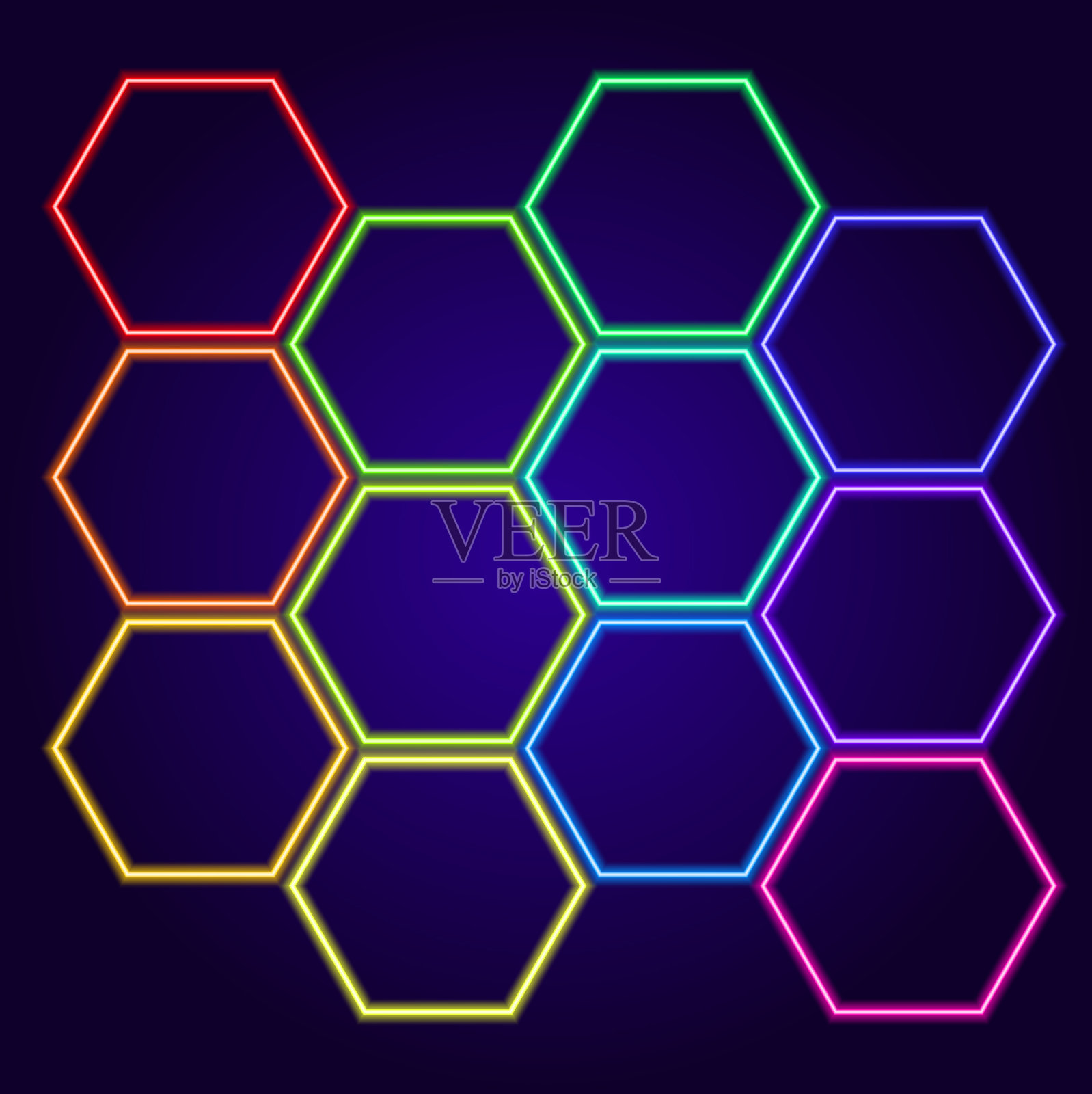 一套霓虹灯孤立的多色六边形插画图片素材