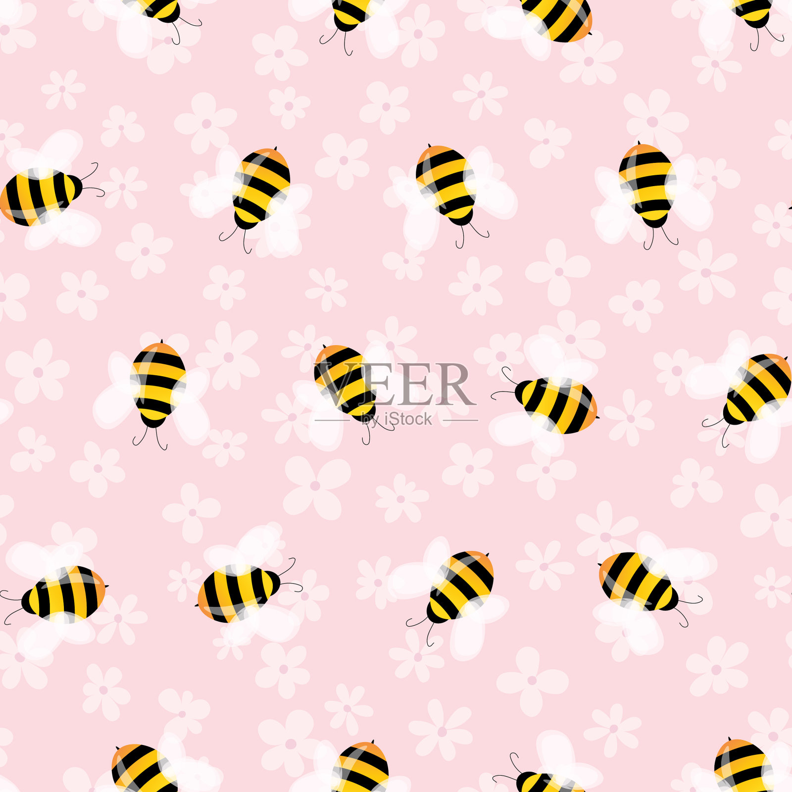 无缝图案与蜜蜂和花朵的颜色插画图片素材