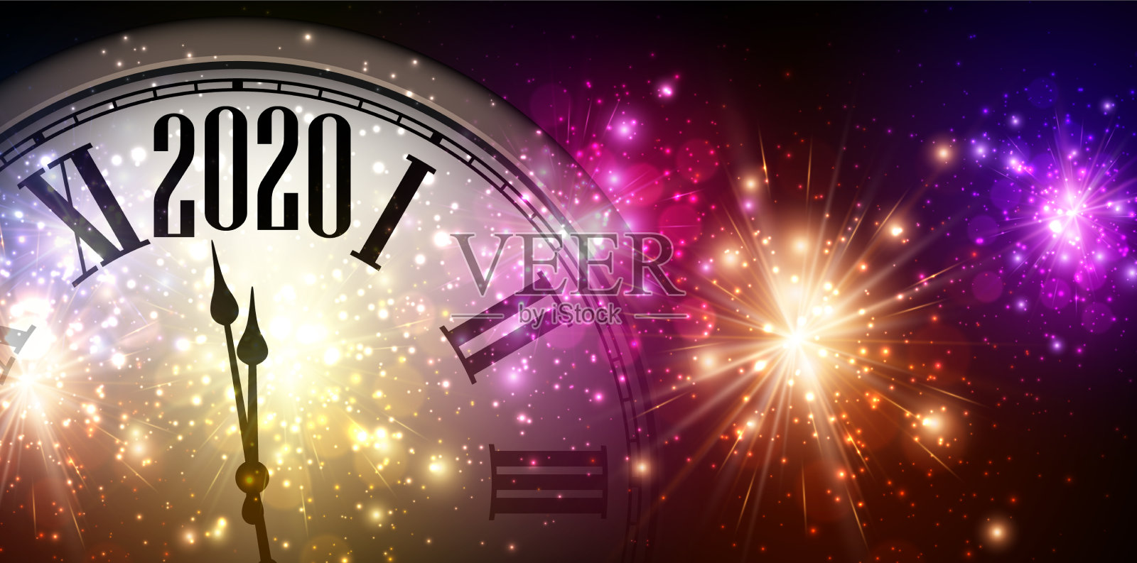 2020年新年背景与时钟和烟花插画图片素材